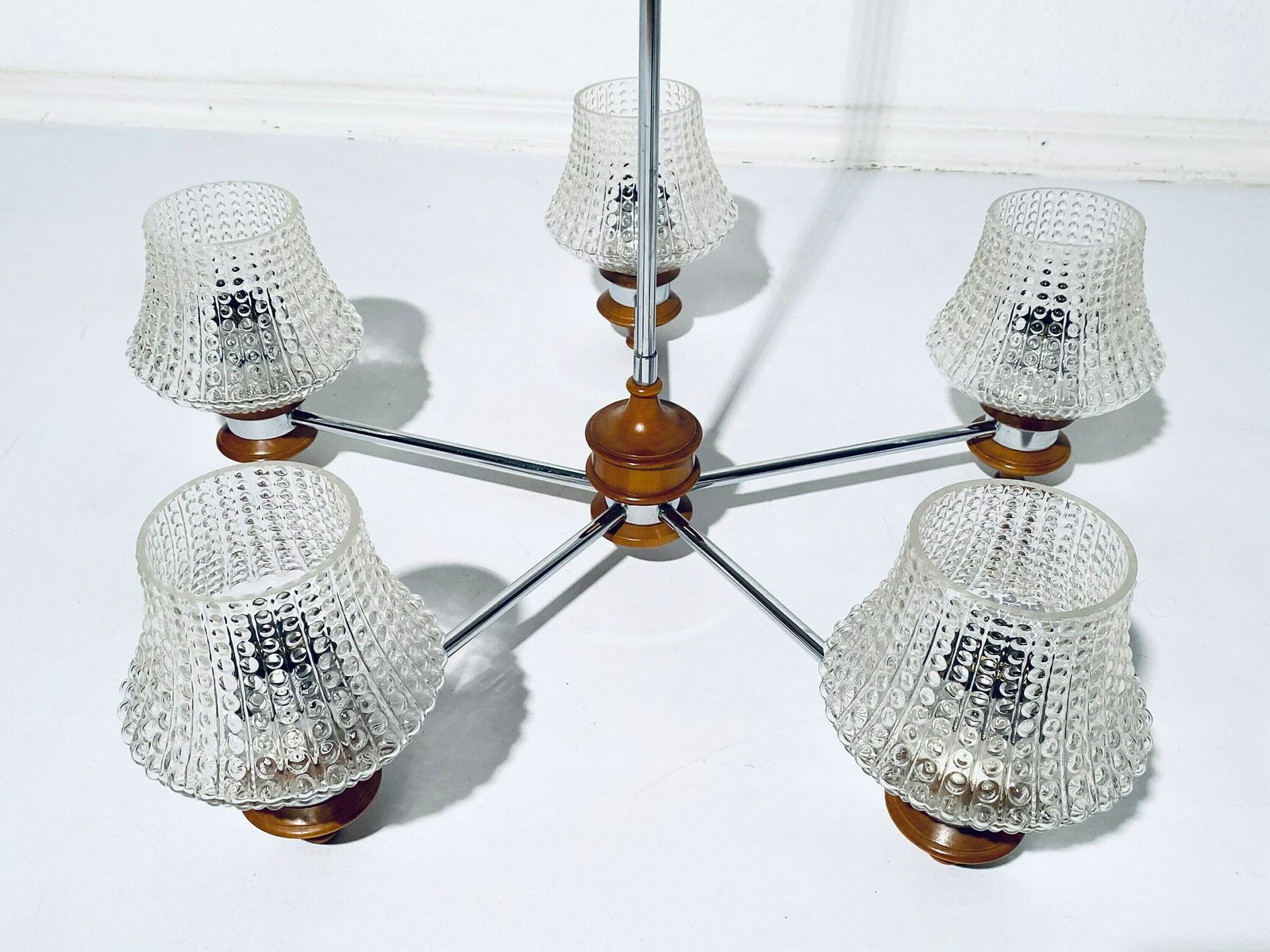 Mid Century Chandelier Ceiling Lamp Wood And Frosted Glass / Vintage Decor 1960s photo vintage