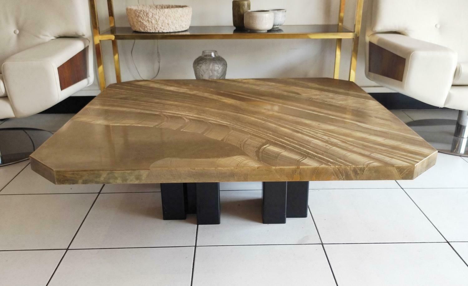 Large Etched Brass Coffee Table By Christian Krekels, Signed , Circa 1975 photo vinterior