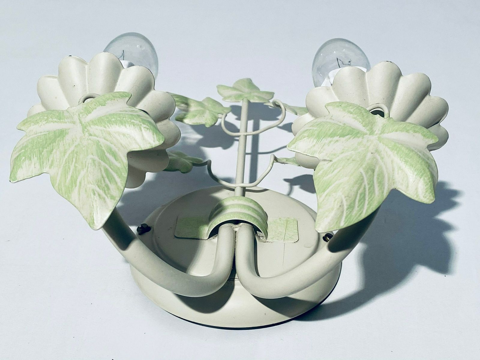 Shabby Chic Floral Metal Wall Lamp In Green & White / 1960s Vintage Decor / France photo vintage