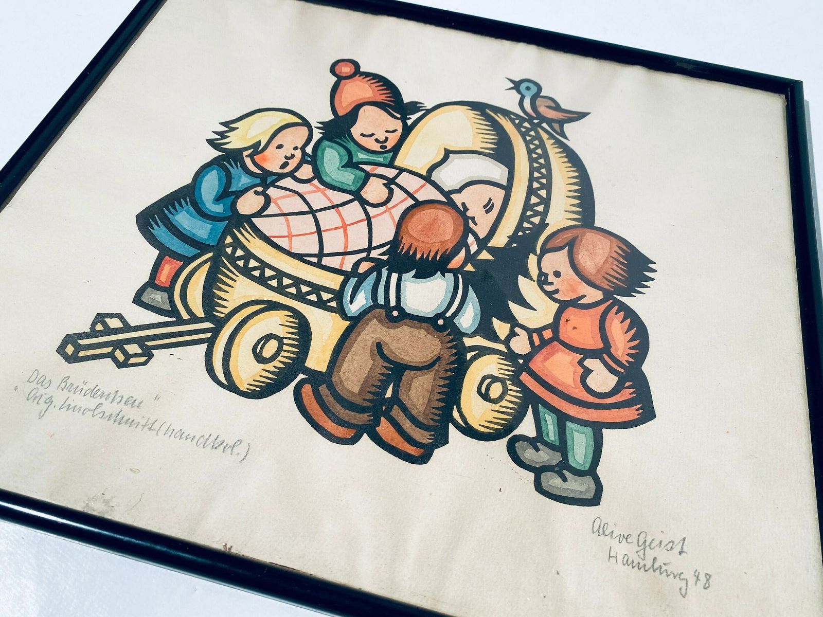 Two Vintage Pictures Of Children Playing / Olive Geist Hamburg 1948 / Vintage Wall Decor photo Art