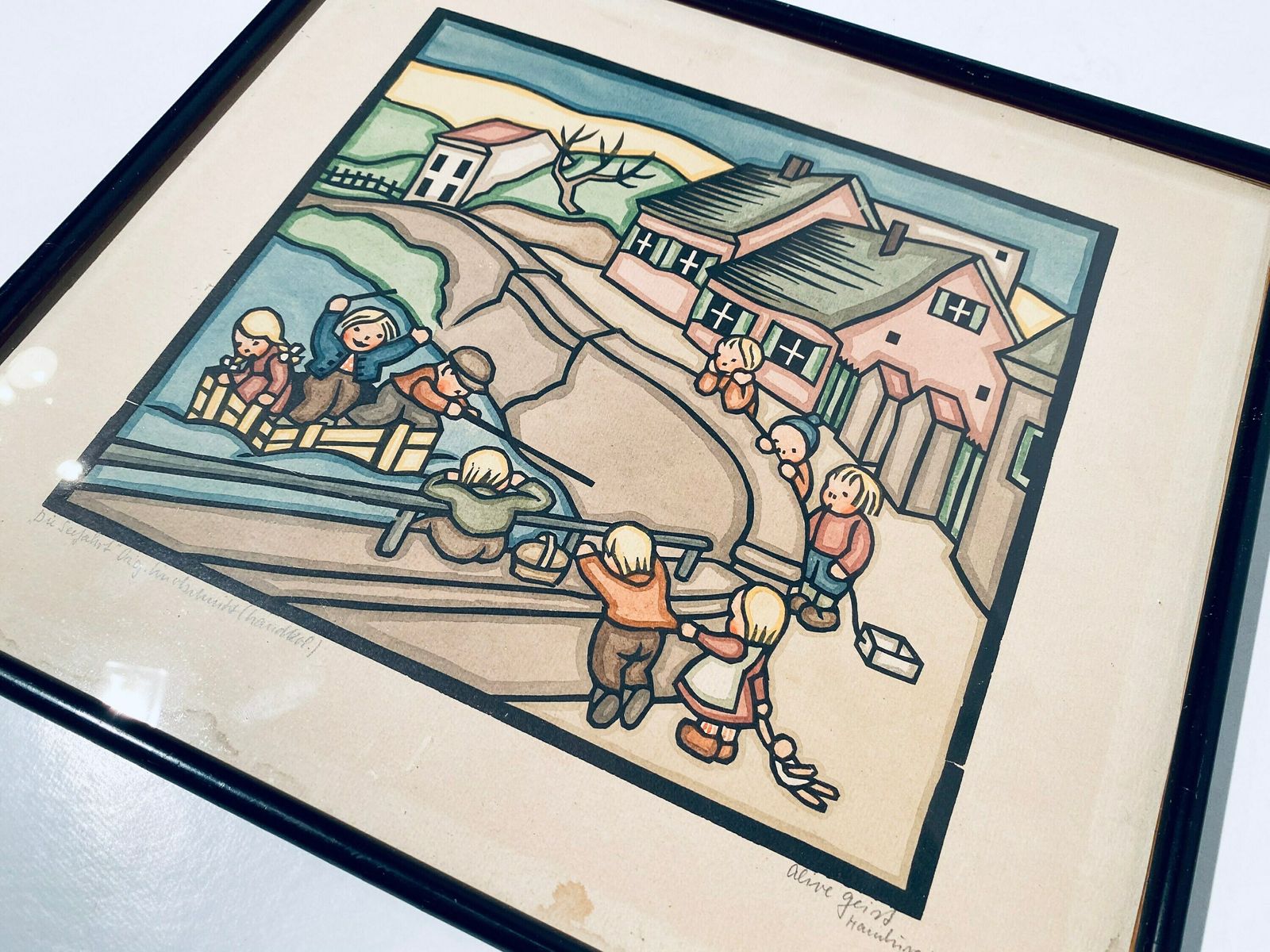 Two Vintage Pictures Of Children Playing / Olive Geist Hamburg 1948 / Vintage Wall Decor photo vintage