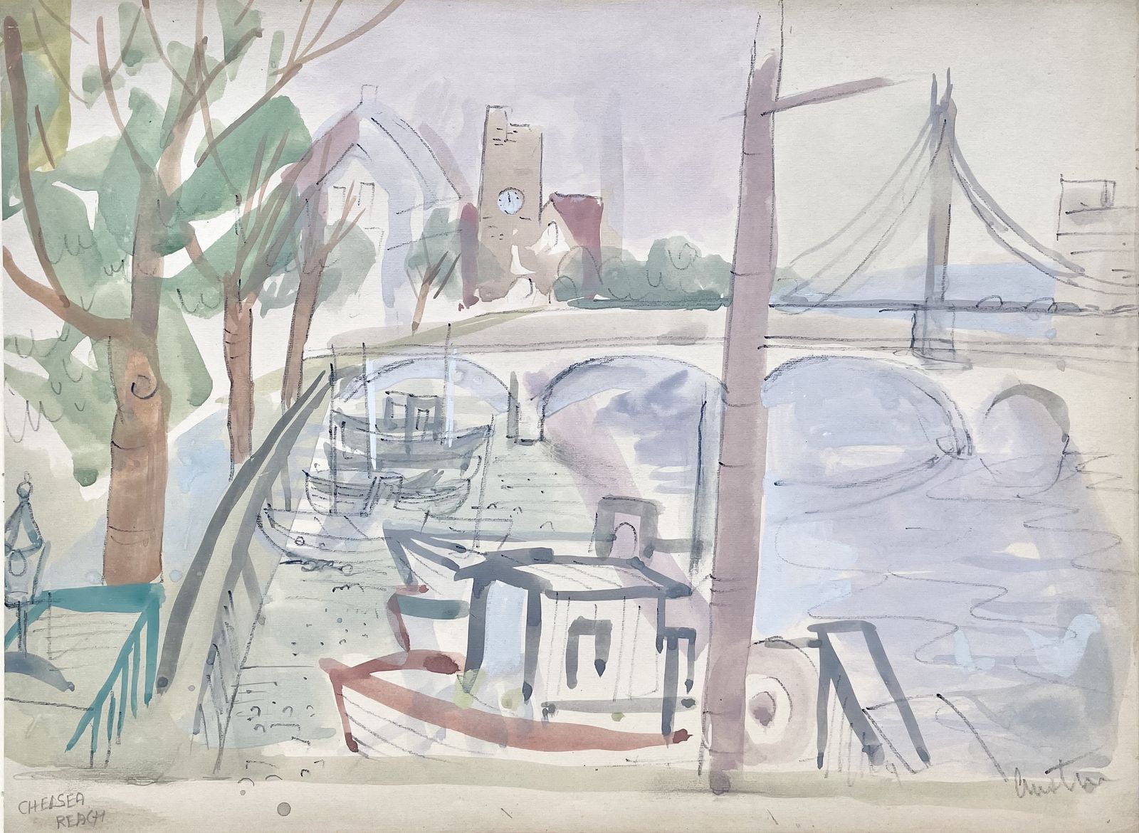 Austin Taylor   20th Century British Watercolour Of The Thames At Chelsea Reach