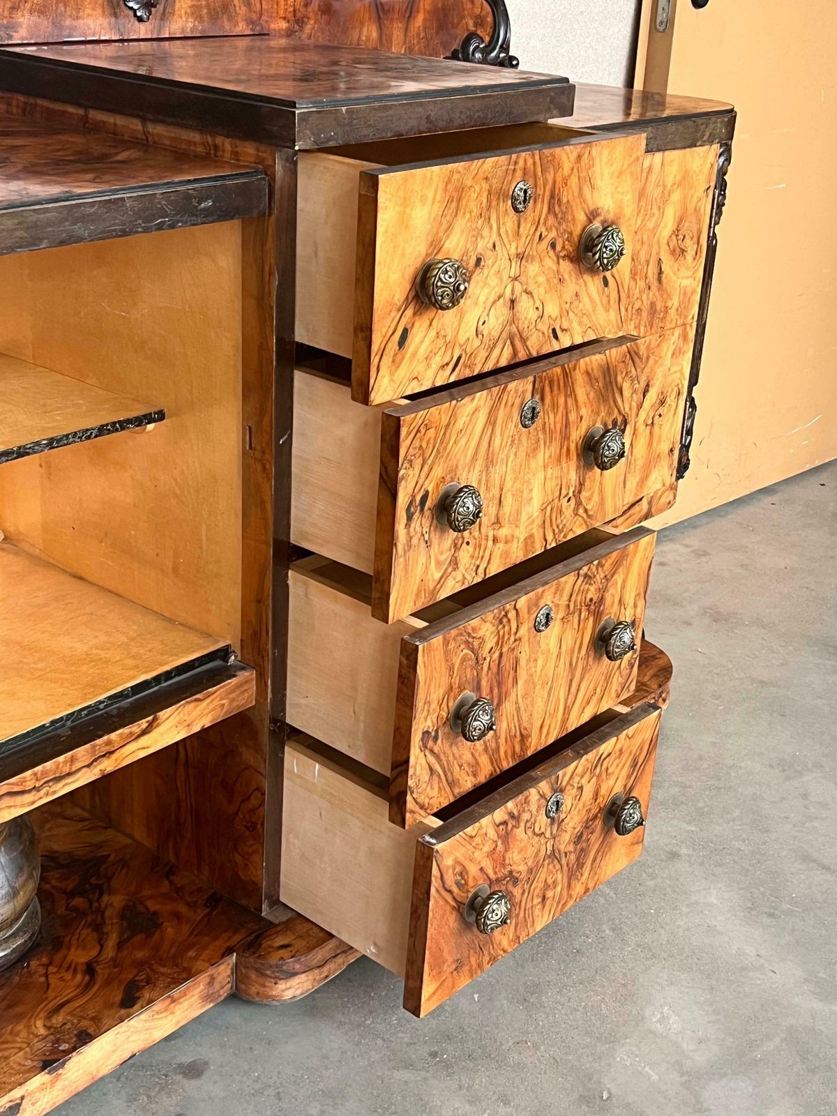 photo for sale Art Deco Sideboard Or Buffet Burr & Ebonized Walnut Bookmatched, Spain