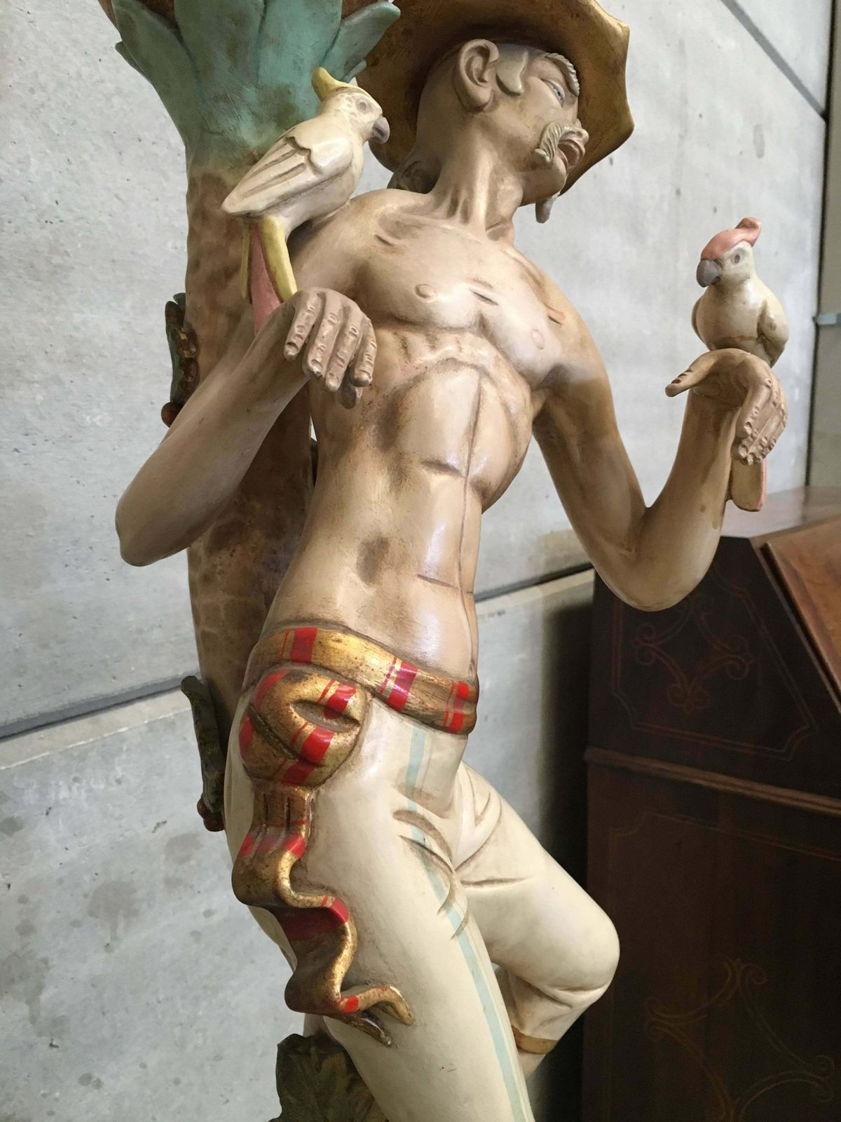 20th Sculpture Of An Asiatic Man With Birds And Harlequin Motifs, Spain photo buy