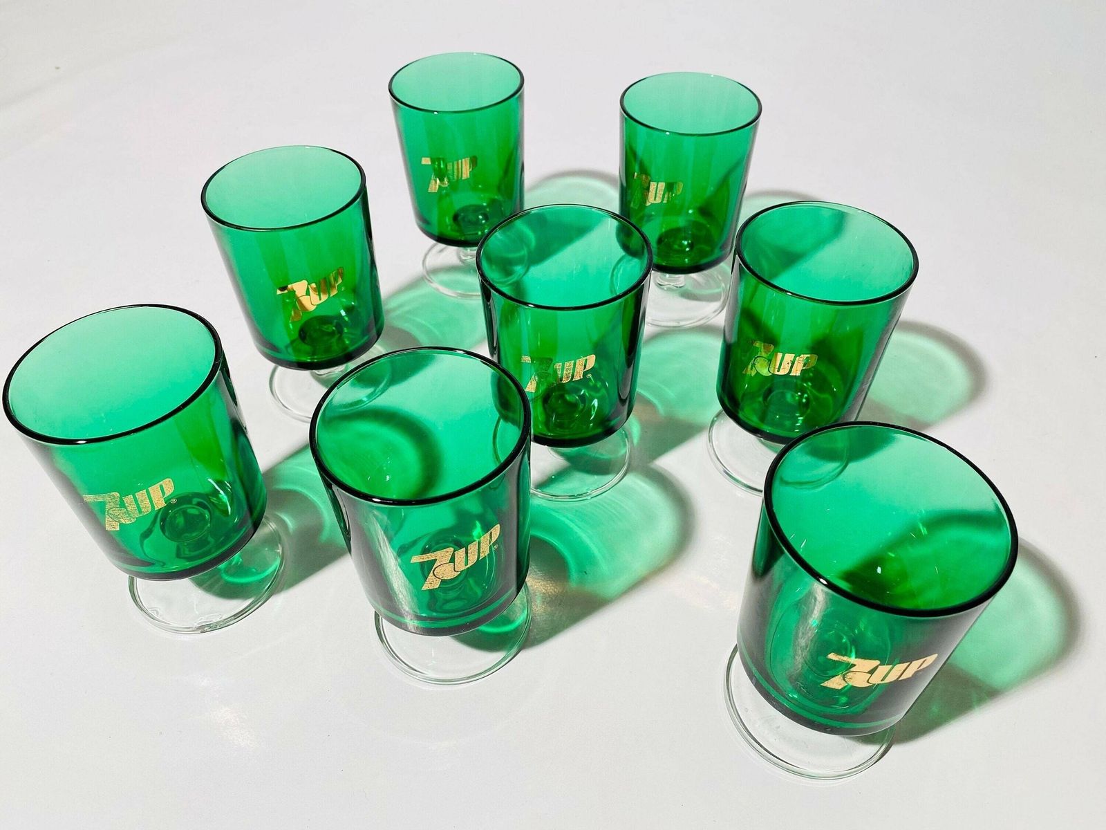Eight 7up Green Vintage Drinking Glasses / Made In France / Vintage Decor 70s