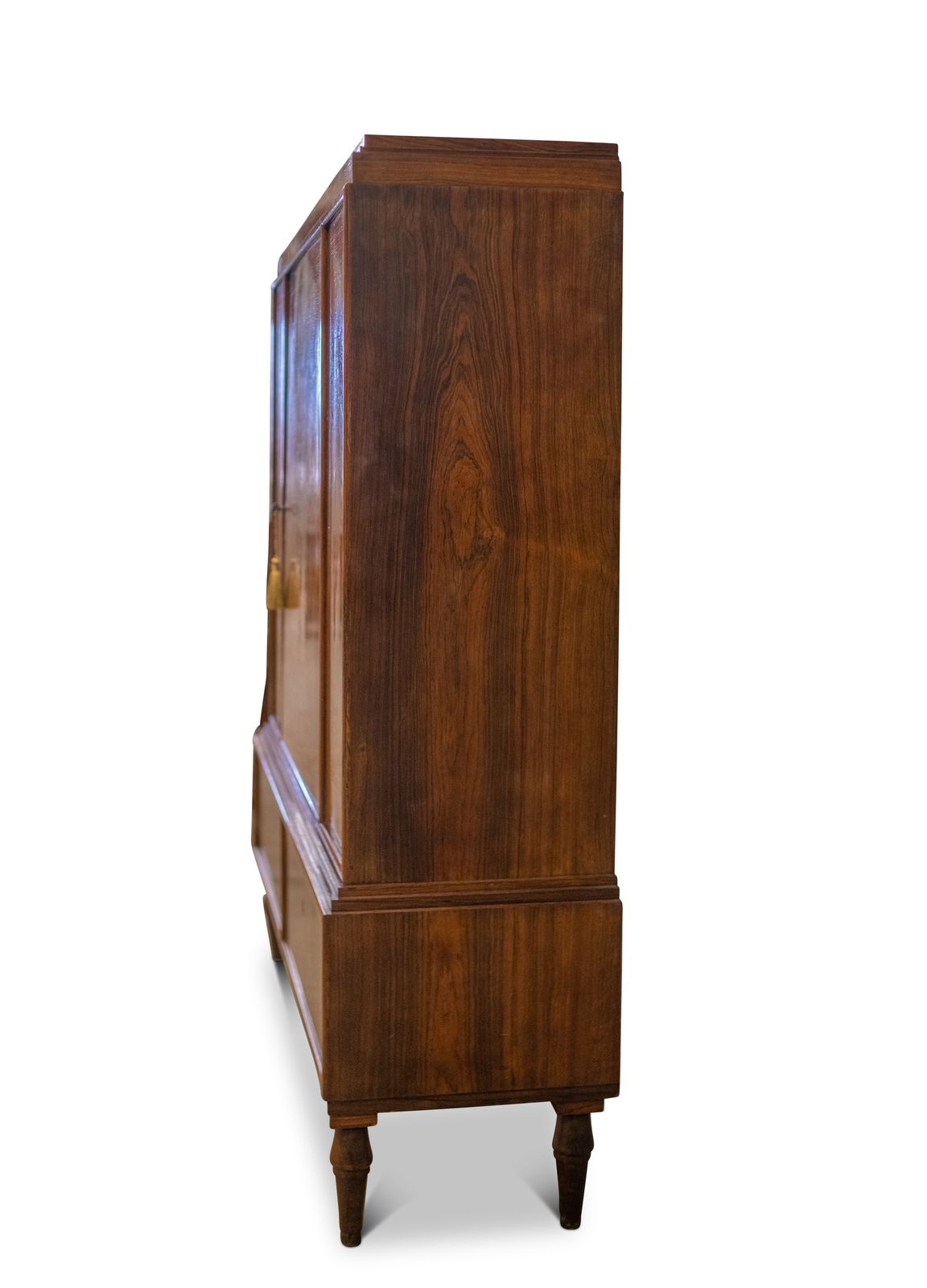 A Grand Rosewood Three Doored Fitted Salon Cabinet With Geometrically Veneered Fronts Raised On Turned Tapering Legs Ol photo for sale