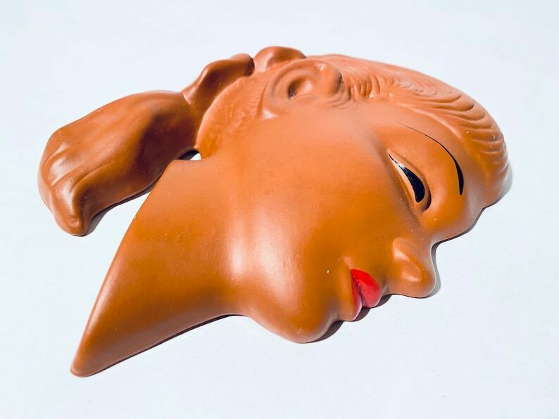 Ceramic Brown Young Girls Head Wall Mask / Mcm 1950s Vintage Wall Decor photo 76.0