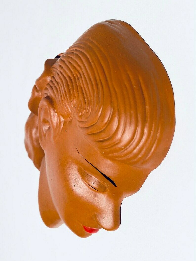 Ceramic Brown Young Girls Head Wall Mask / Mcm 1950s Vintage Wall Decor photo vinterior