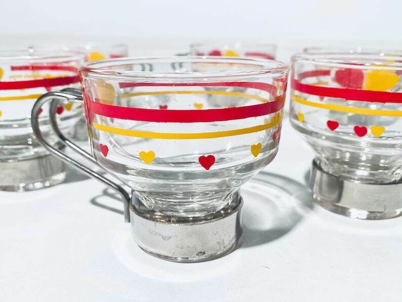 Six Small Space Age Tea Glass Set With Metal Frames / Vintage Decor 60s 70s photo Home Decor