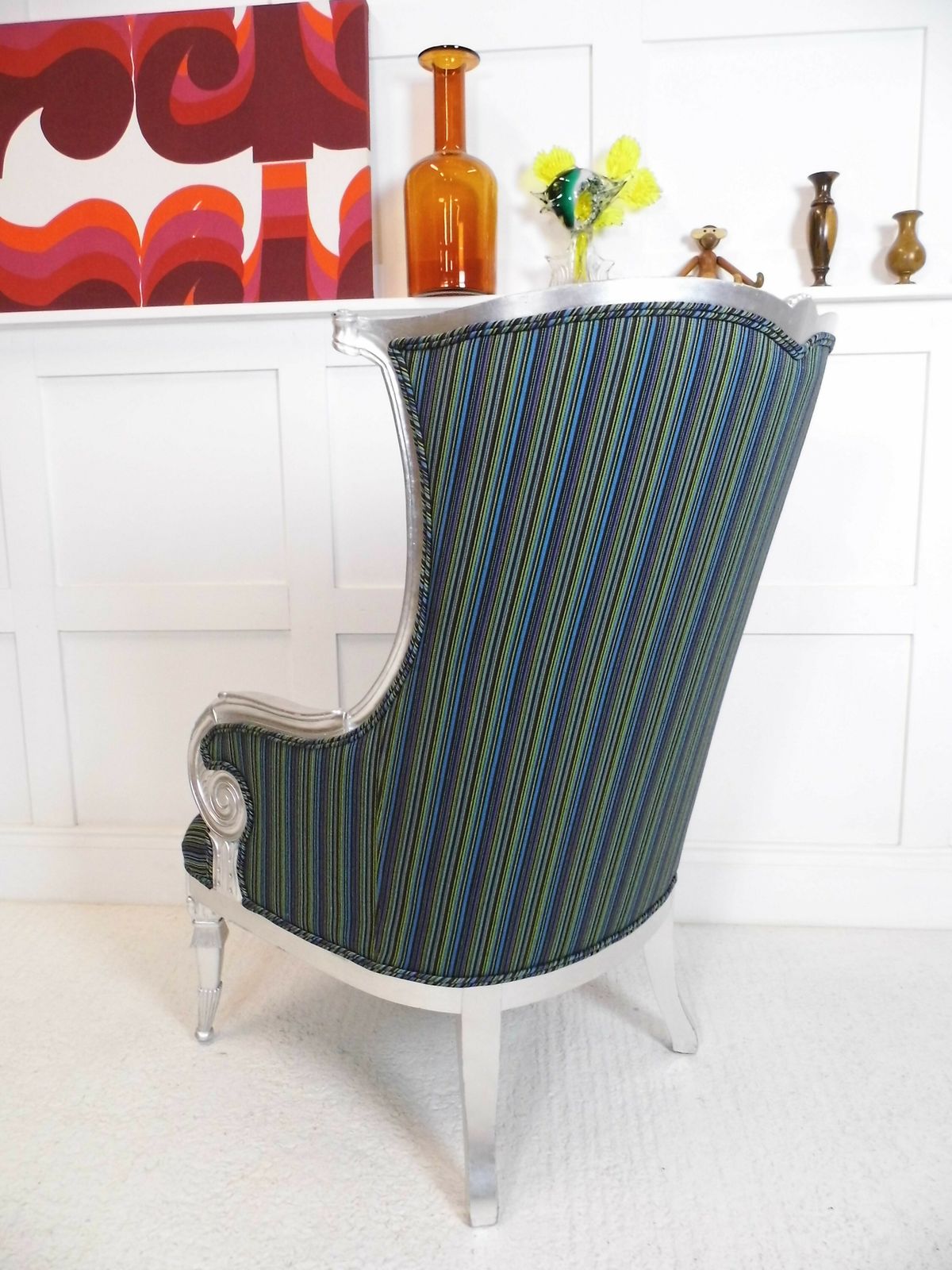 Designer Throne Carved Frame Stylish Statement Armchair Stripe Fabric Wing Back photo for sale