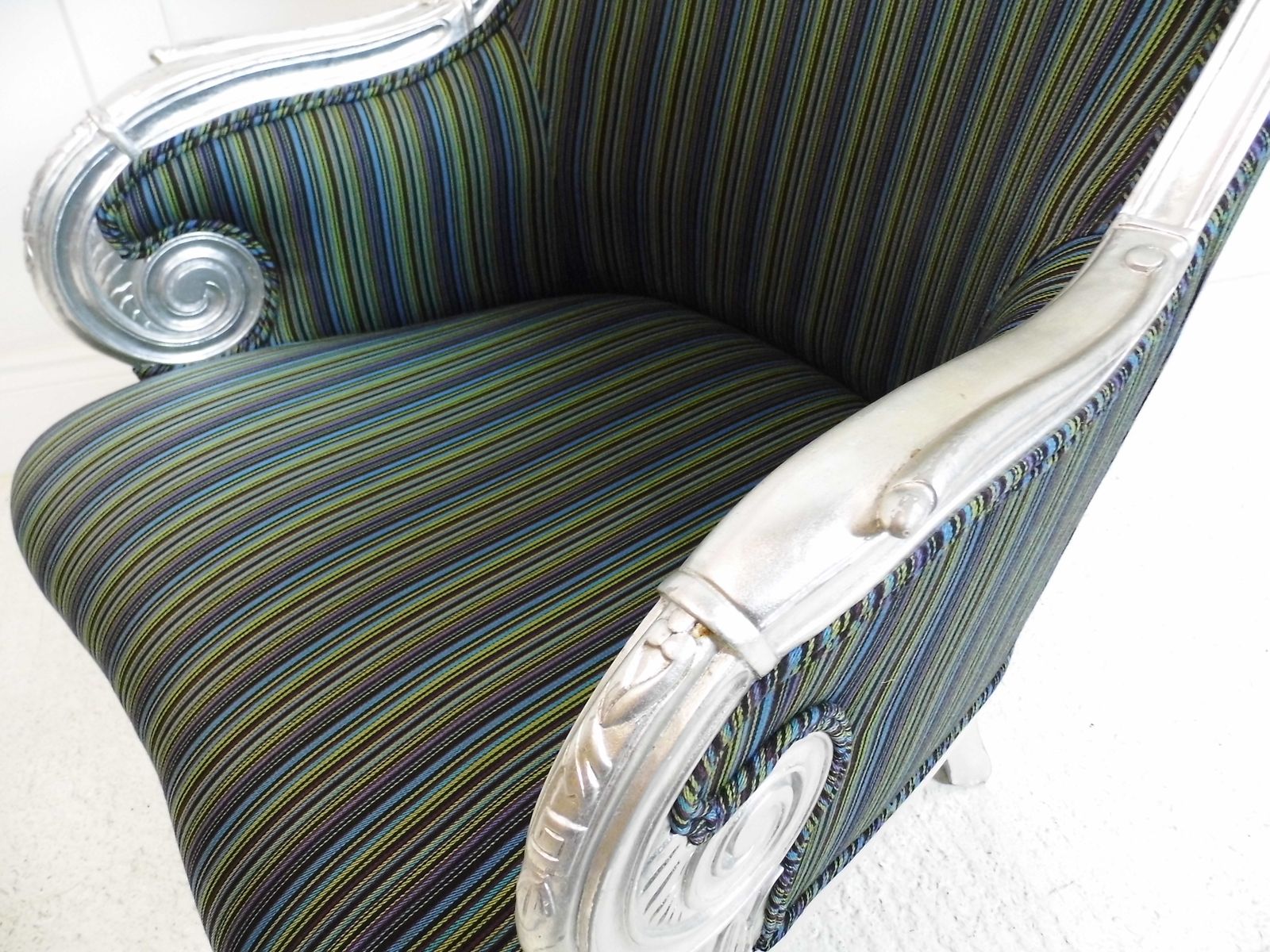Furniture Designer Throne Carved Frame Stylish Statement Armchair Stripe Fabric Wing Back photo