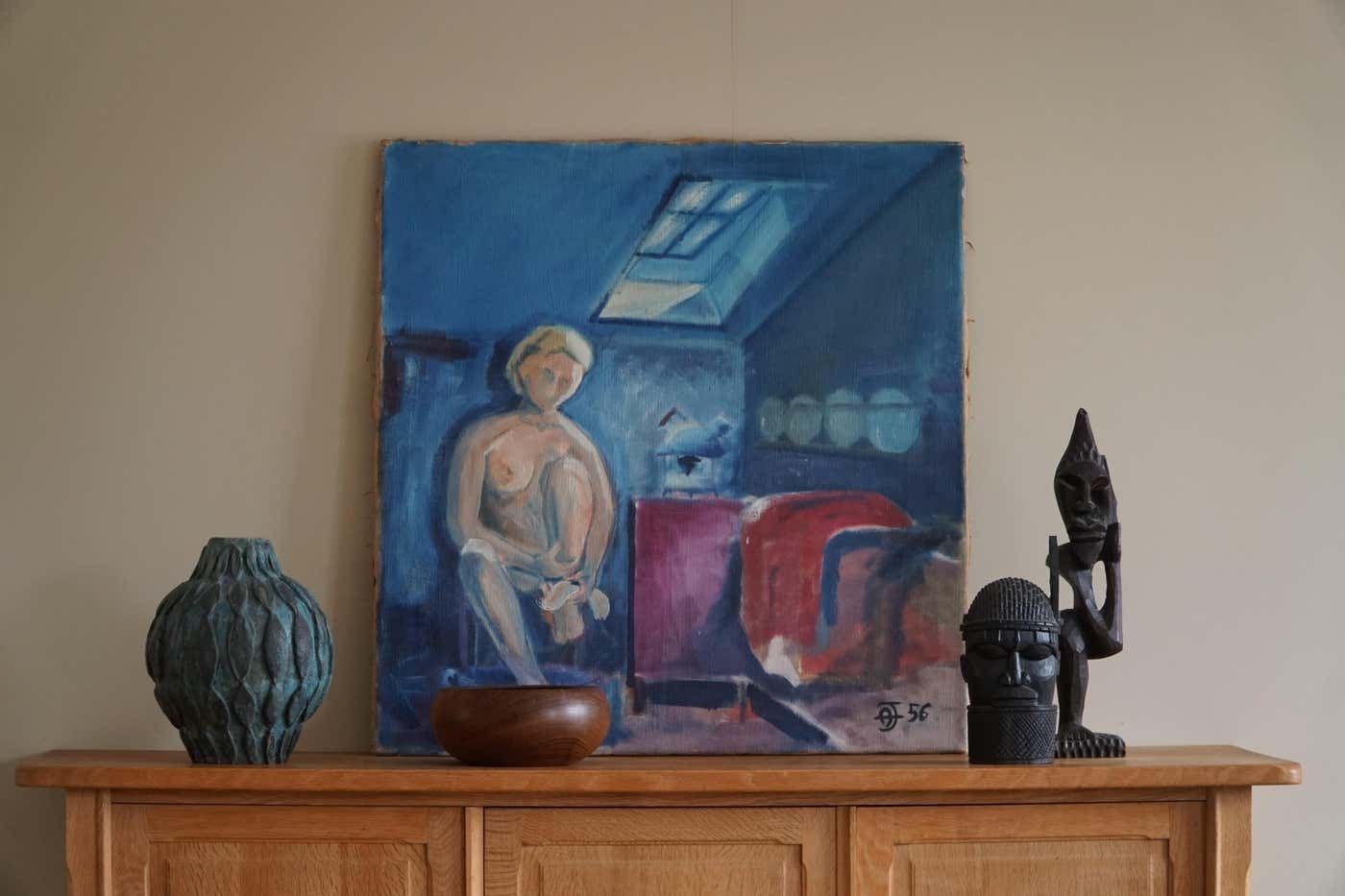 Large Oil On Canvas Painting, Unknown Artist, 1956, Danish Mid Century photo furniture