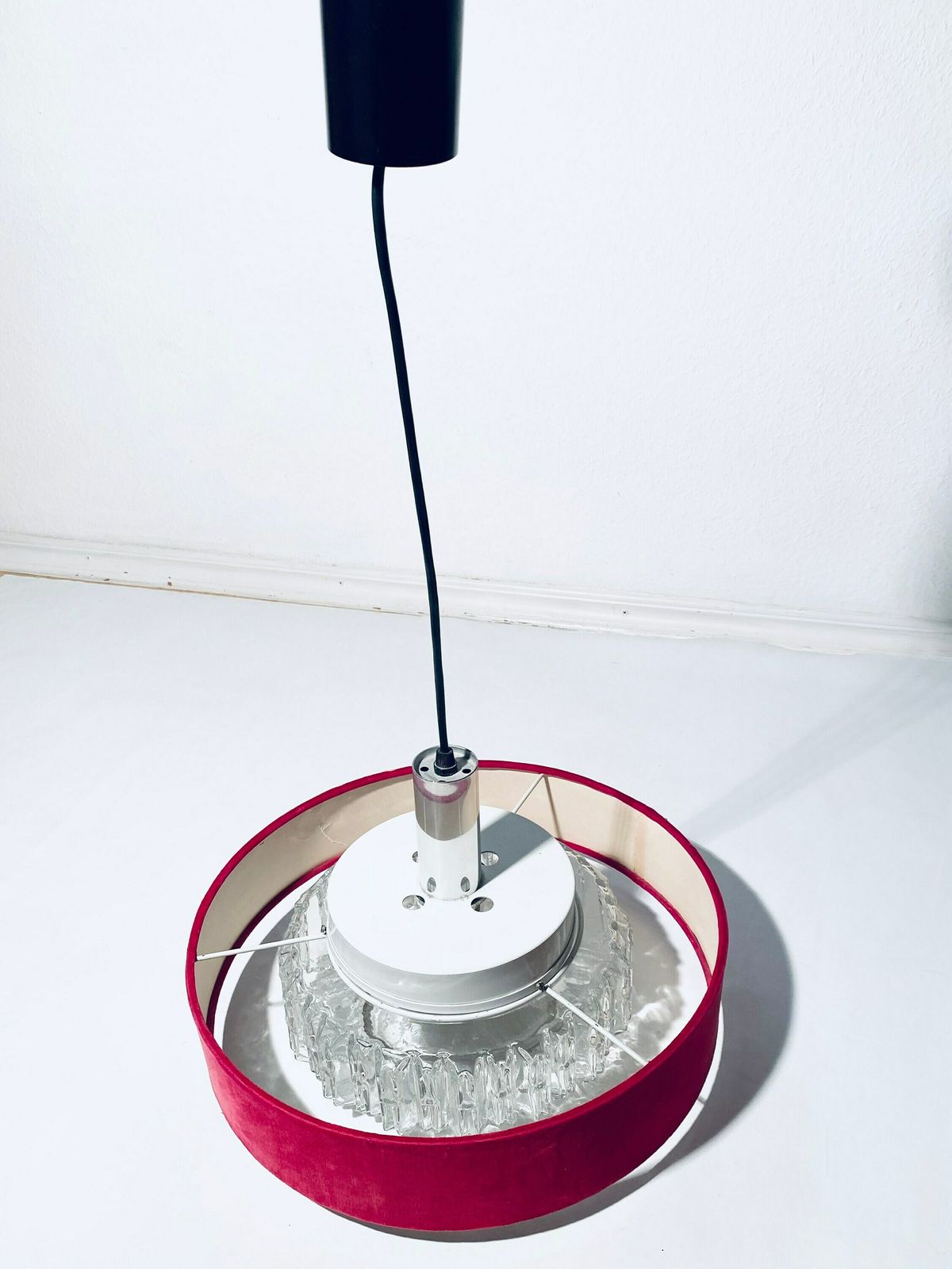 Red Velvet Crystal Glass Hanging Lamp / 60s 70s Vintage Decor / Boudoir Moulin Rouge Lamp photo 148.0