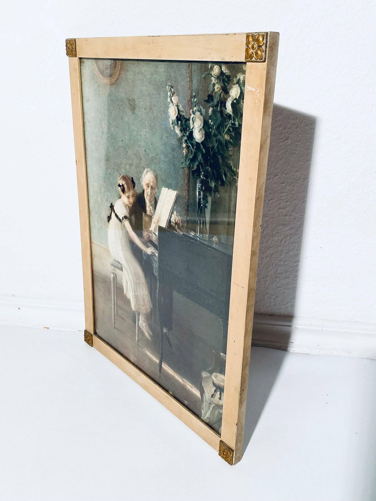 The First Piano Lesson By Jules Alexis Muenier Antique Wooden Picture Frame Print / Vintage Wall Hanging photo furniture