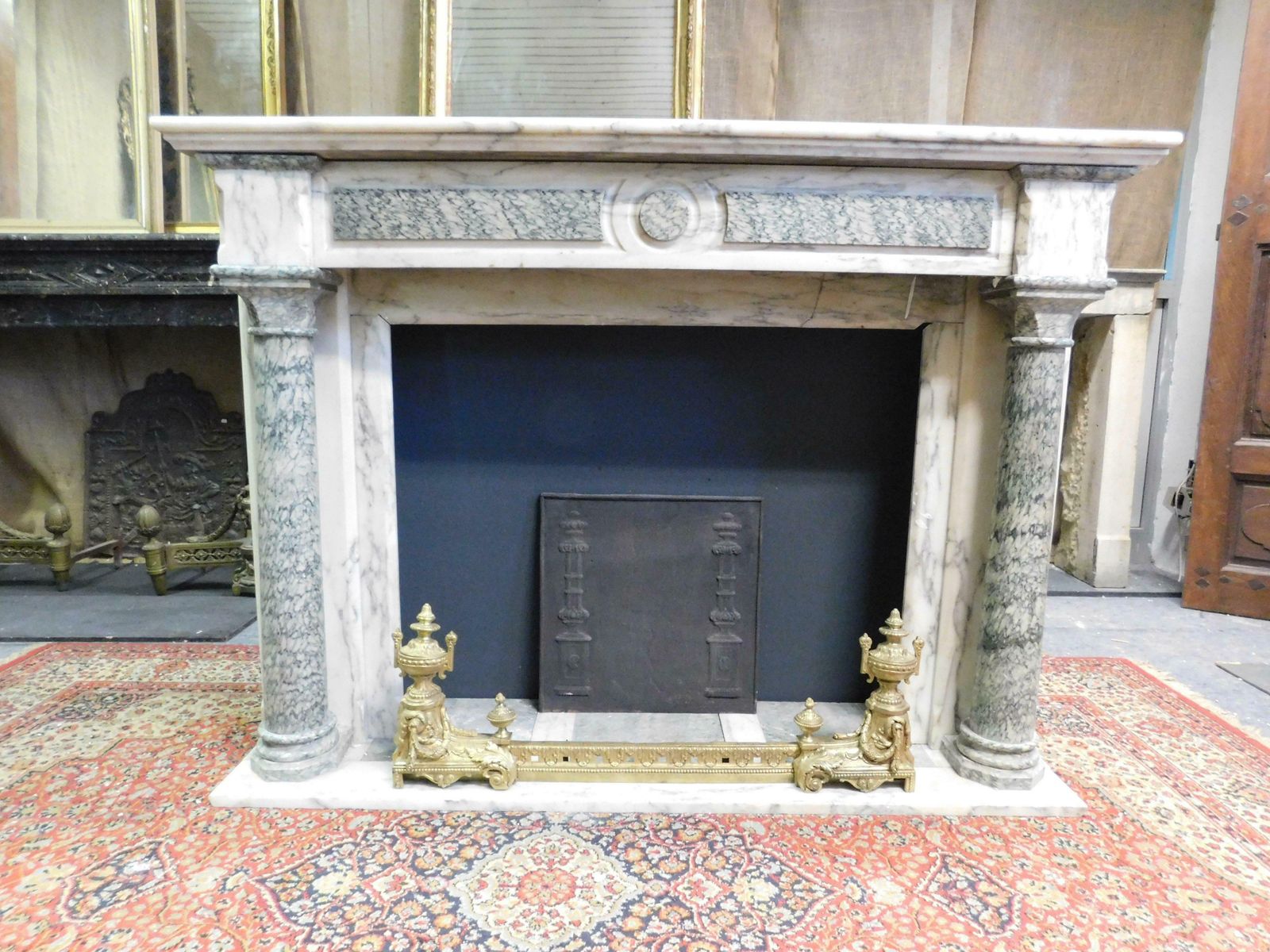 Fireplace Mantle In White And Green Marble, Carved Column, France photo furniture
