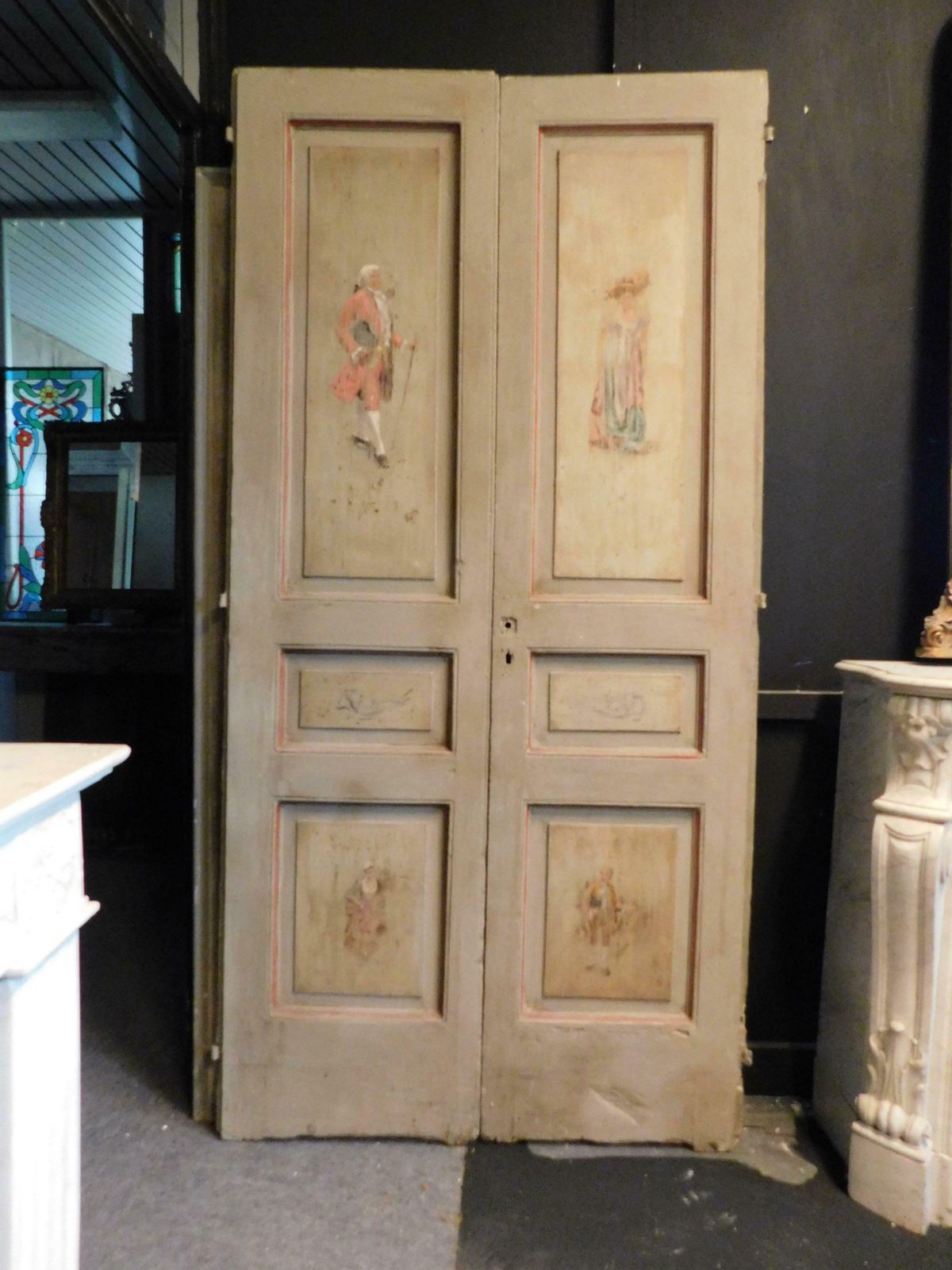 Set Of 2 Lacquered And Painted Double Doors With Figures, Italy photo for sale