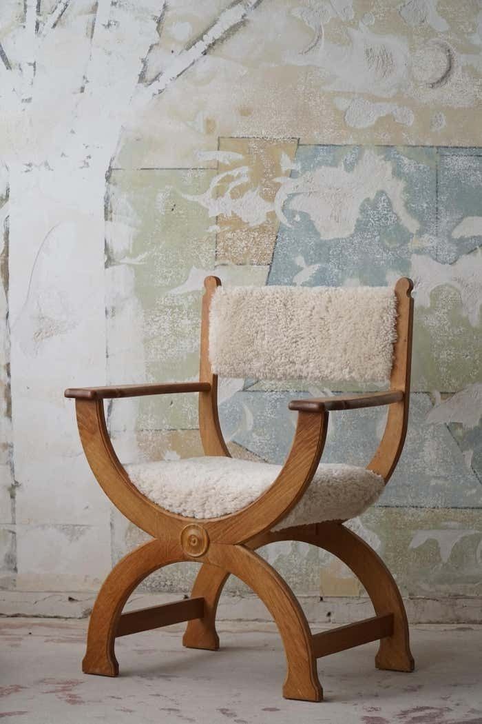 Furniture Henning Kjærnulf, Danish Modern, Armchair In Oak And Lambswool, 1960s photo