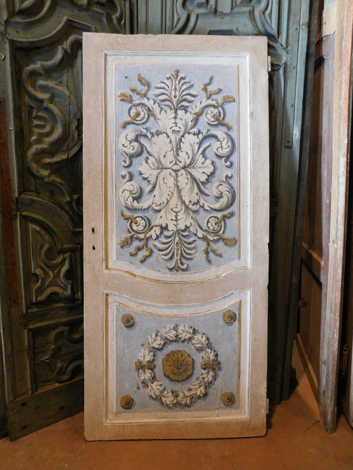Lacquered And Painted Door With Baroque Motifs, Blue And Gray, Italy photo furniture