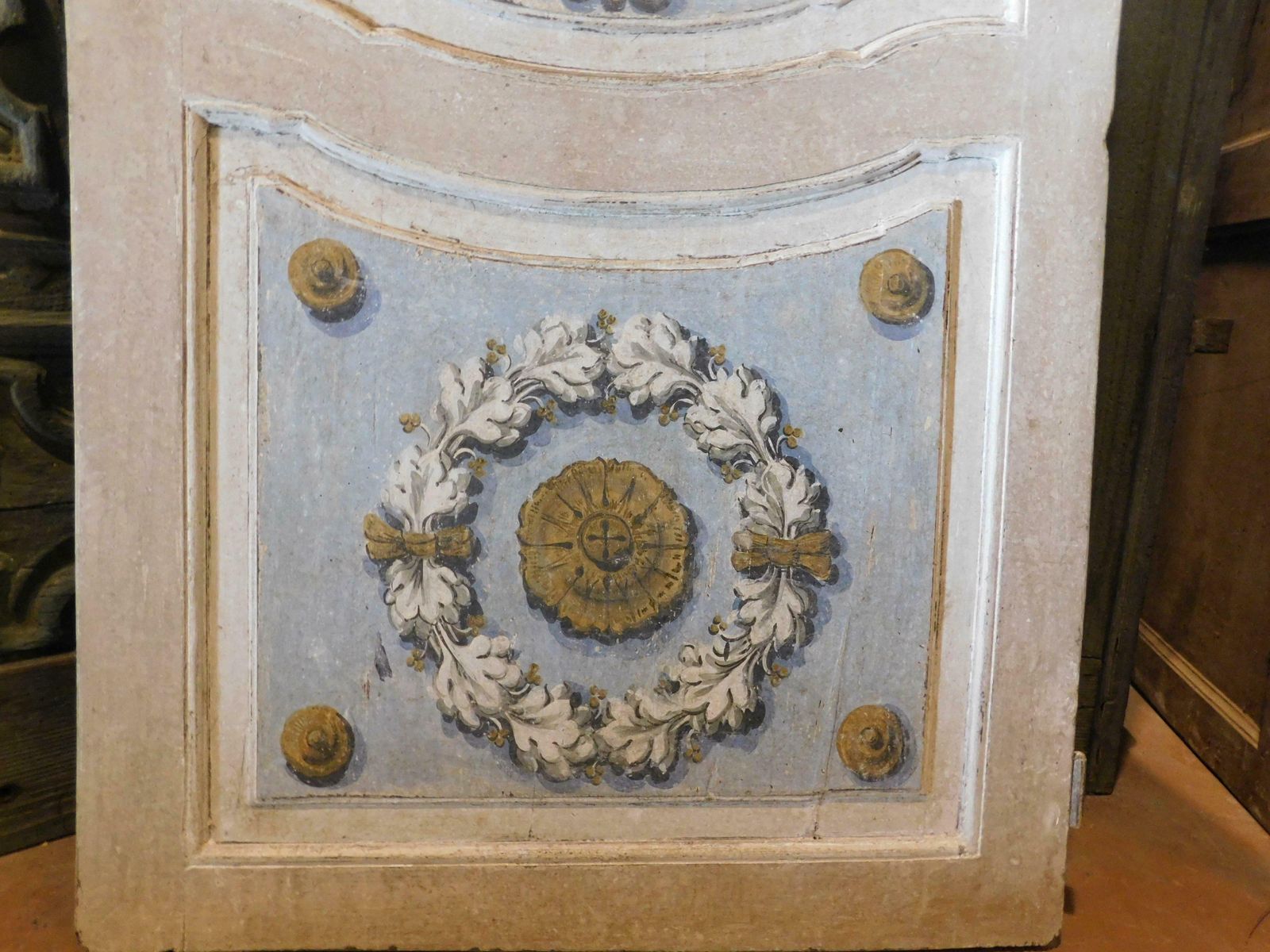 Lacquered And Painted Door With Baroque Motifs, Blue And Gray, Italy photo 4800.0