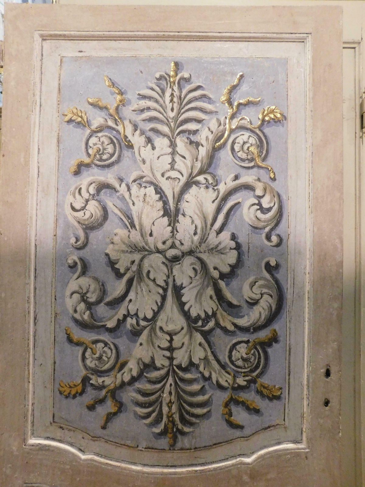 photo for sale Lacquered And Painted Door With Baroque Motifs, Blue And Gray, Italy