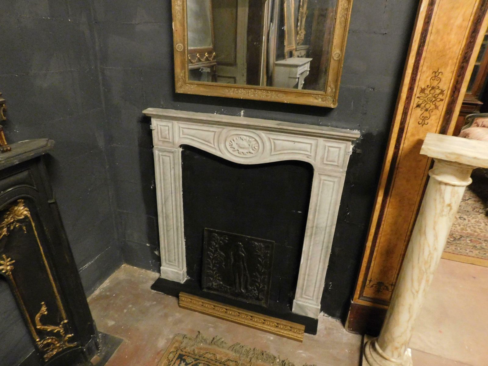 Fireplace Mantle Thin Frame, Carved In White Carrara Marble, Italy photo Home Fixtures