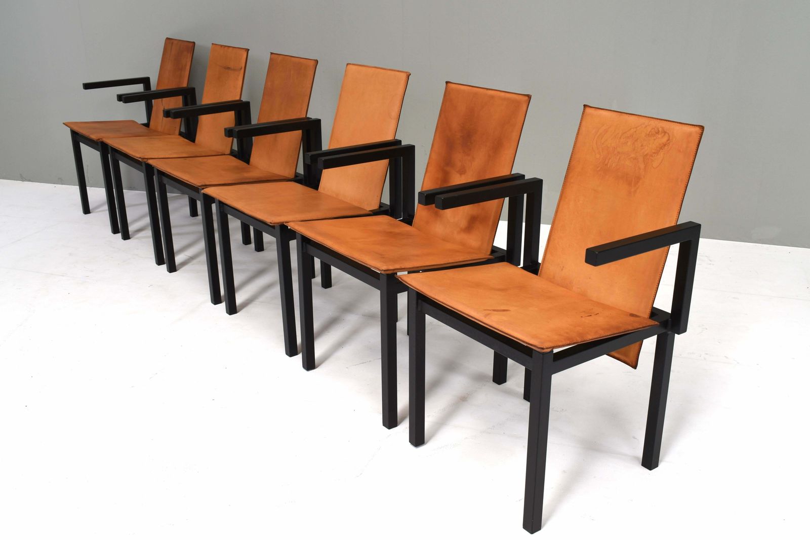 Unique One Of A Kind Set Of Six Dining Chairs In Tan Cognac Leather, Circa 1970 photo Furniture