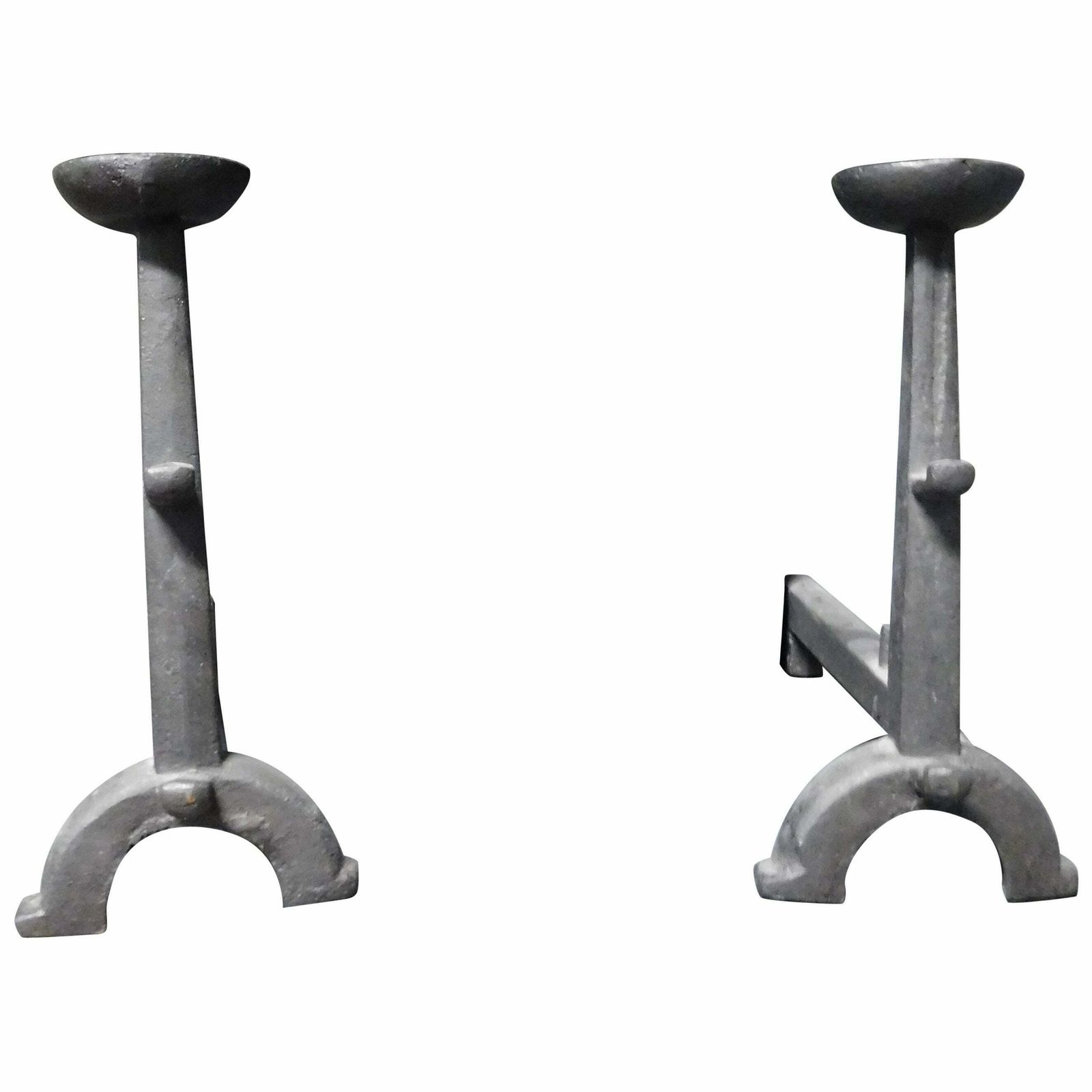 Pair Of Iron Fire Dogs With Cup Holder, 19th Century Italy
