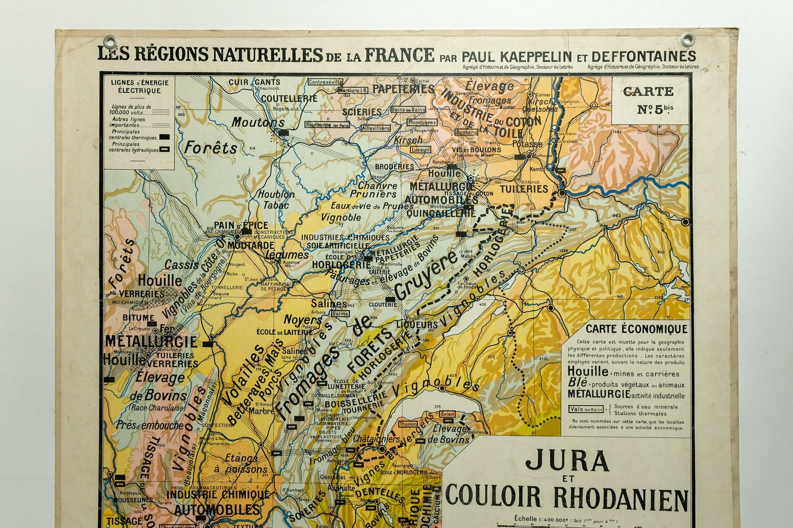 Original 1950s Large Vintage French Educational School Wall Chart Jura Double Sided Map Beautiful Rare Paul Kaeppelin Lyon Geneva Grenoble photo vintage