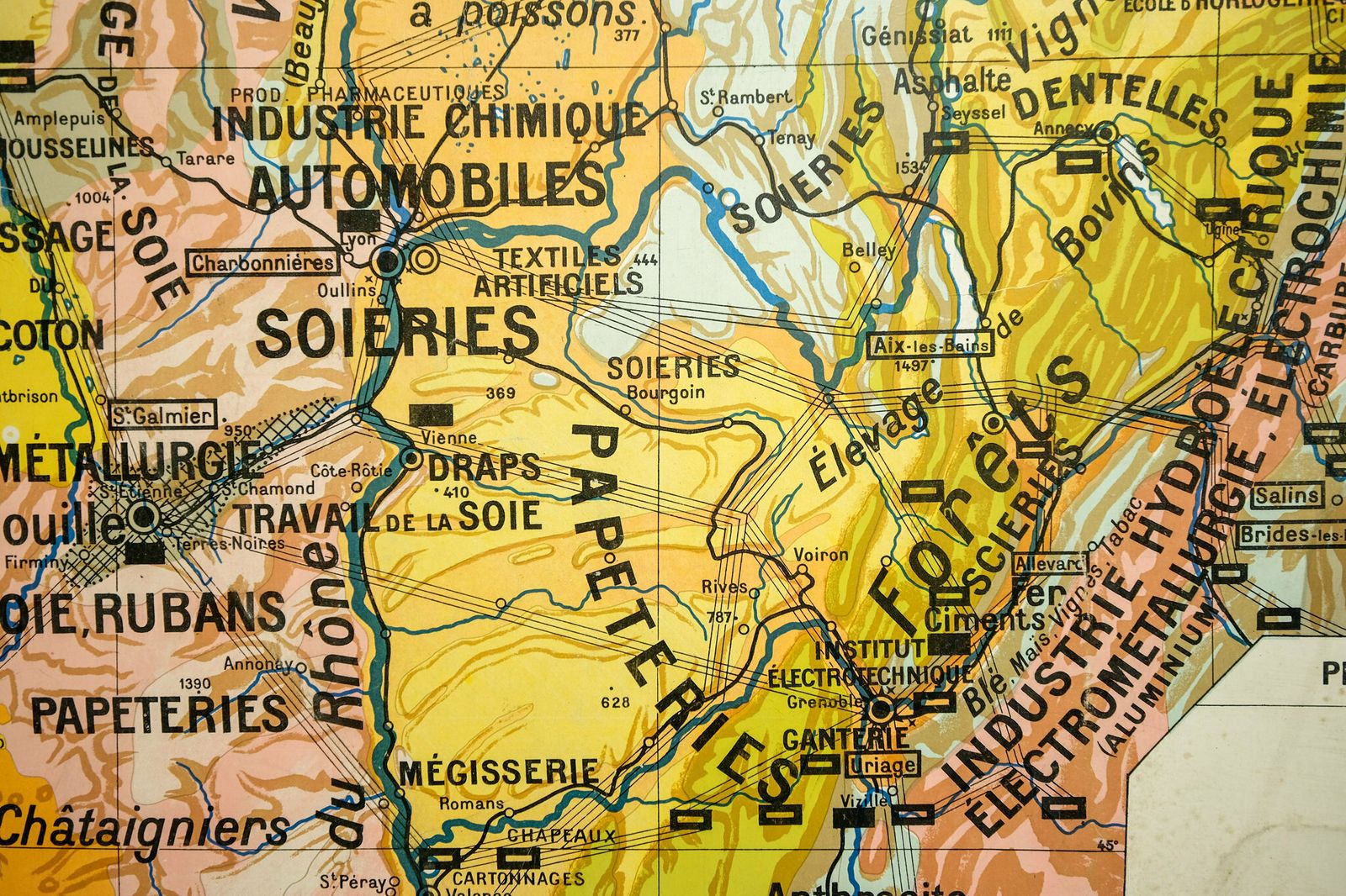 photo for sale Original 1950s Large Vintage French Educational School Wall Chart Jura Double Sided Map Beautiful Rare Paul Kaeppelin Lyon Geneva Grenoble