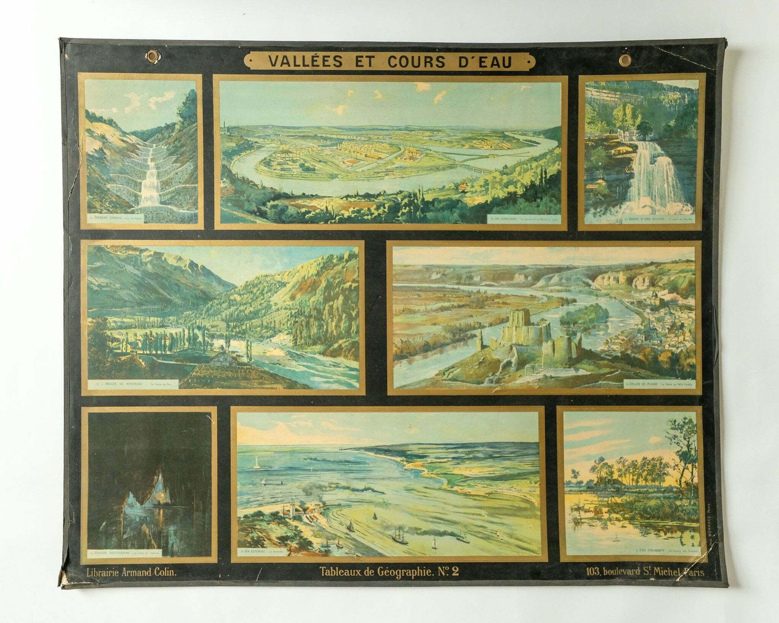 Original Rare 1950s Large Vintage French Educational School Wall Chart Valleys And Waterways Decorative Quirky Beautiful Armand Colin