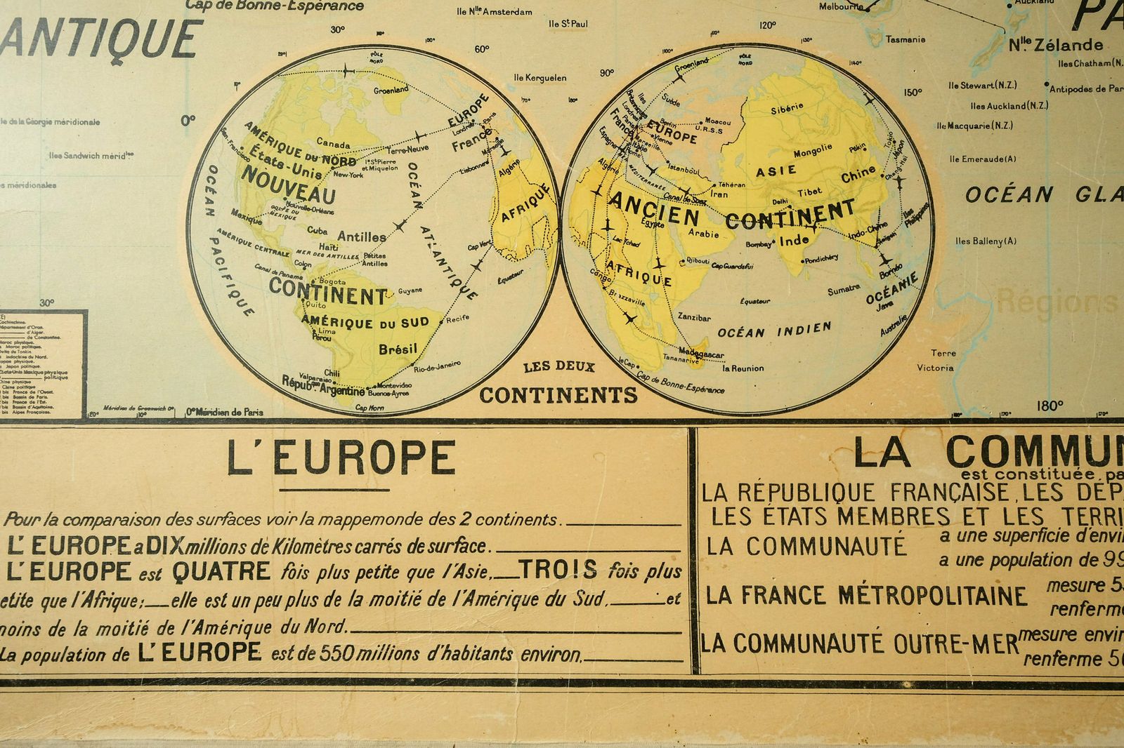 Original Large Vintage French Educational School Wall Chart World Map Planisphere Territories Quirky Beautiful Rare Vidal Lablache photo vinterior