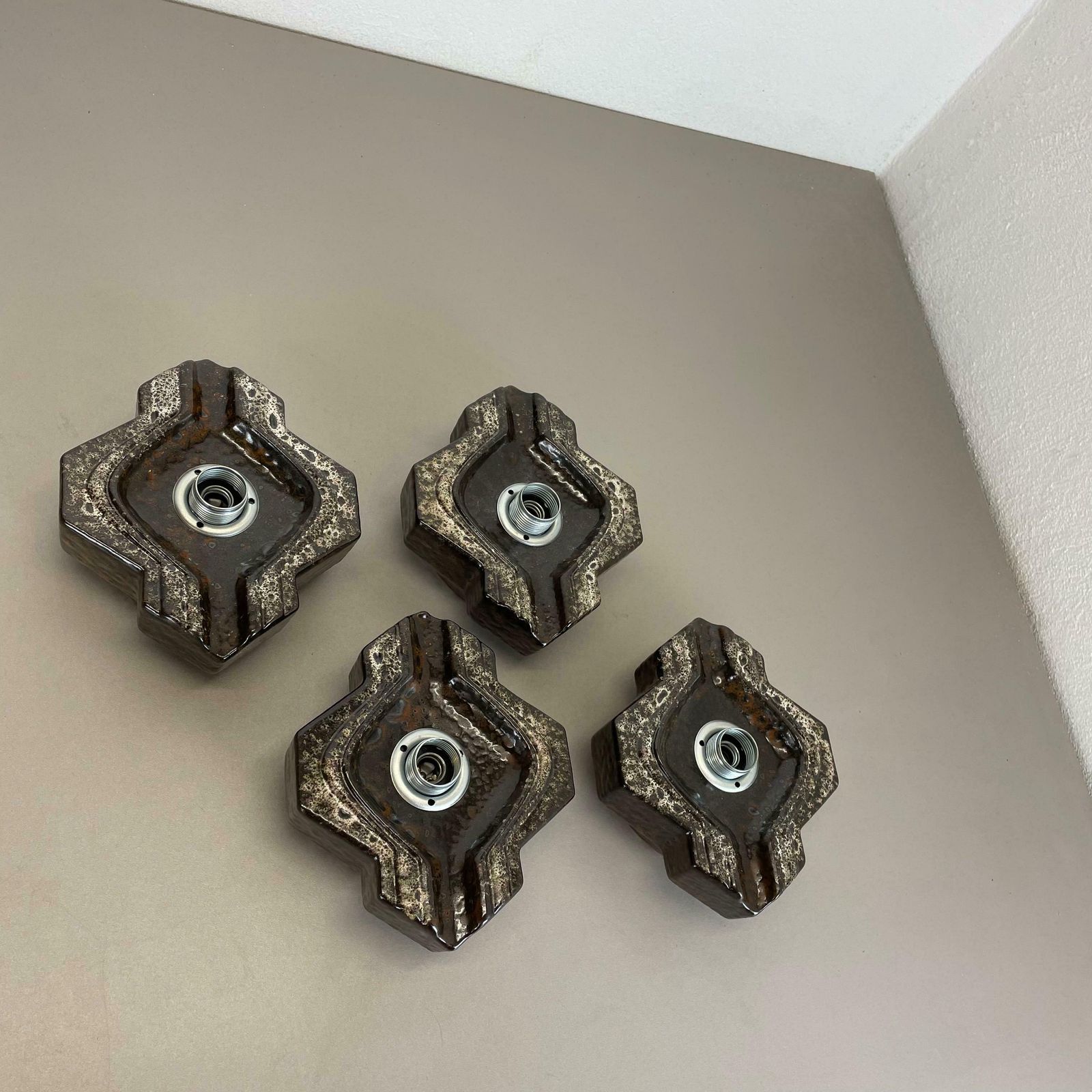 Lighting Set Of Four Brown Beigeceramic Fat Lava Wall Lights By Pan Ceramics Germany 1970 photo