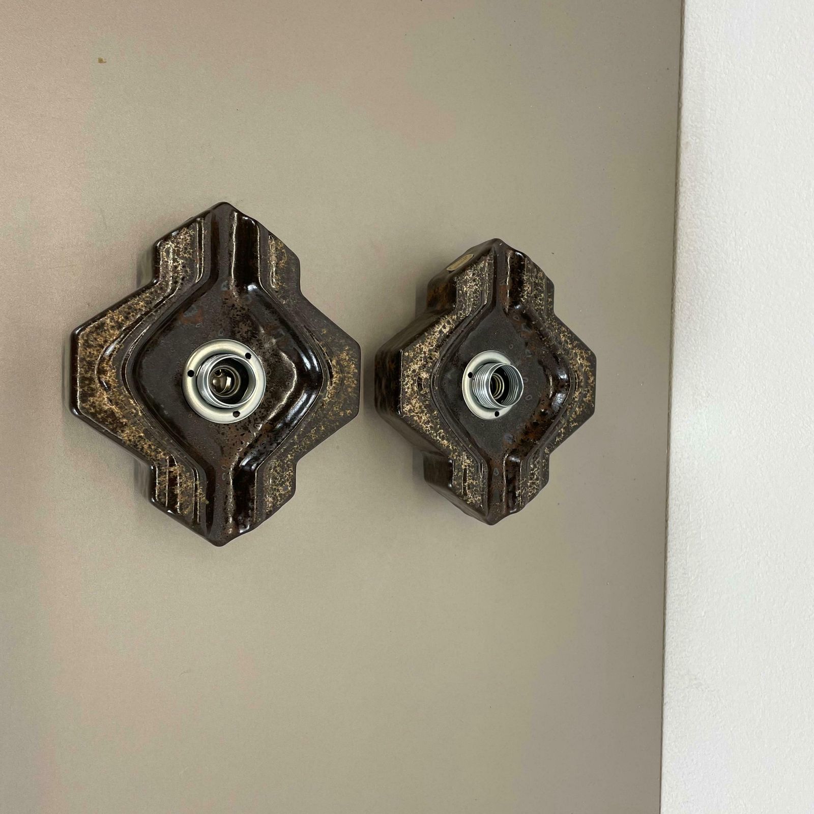 Set Of Two Brown Beige Ceramic Fat Lava Wall Lights By Pan Ceramics Germany 1970 photo furniture