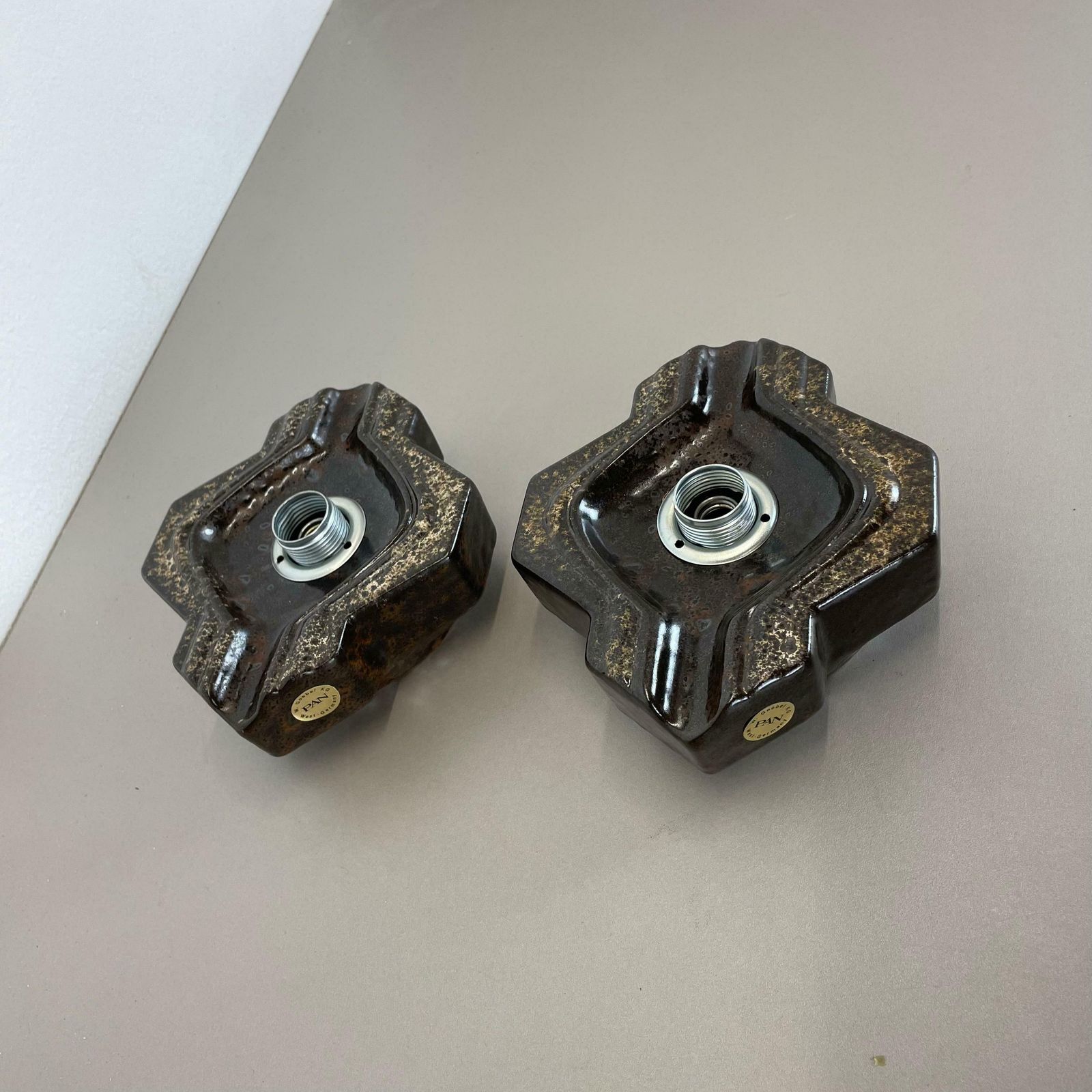 Lighting Set Of Two Brown Beige Ceramic Fat Lava Wall Lights By Pan Ceramics Germany 1970 photo