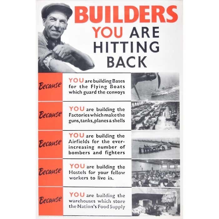 Builders You Are Hitting Back Original British Ww2 Poster Spitfire Motivational C.1940