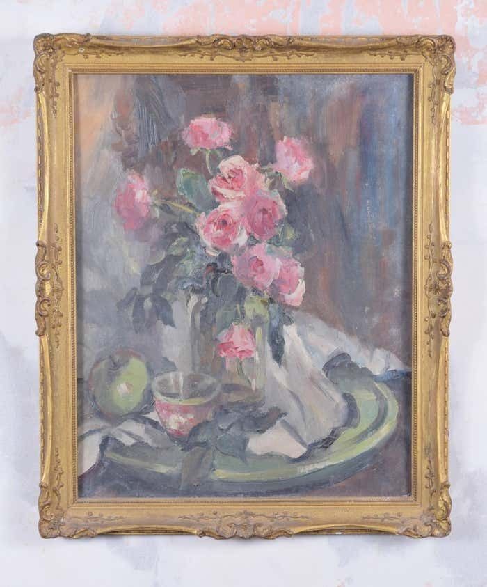 Angela Stones Still Life With Pink Roses Mid 20th Century Oil Painting By Angela Stones Mid Twentieth Century