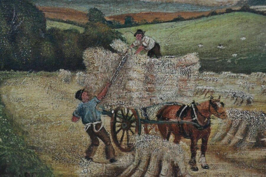 Folk Art Naive Painting Oil On Canvas Rural Stacking Hay photo vinterior