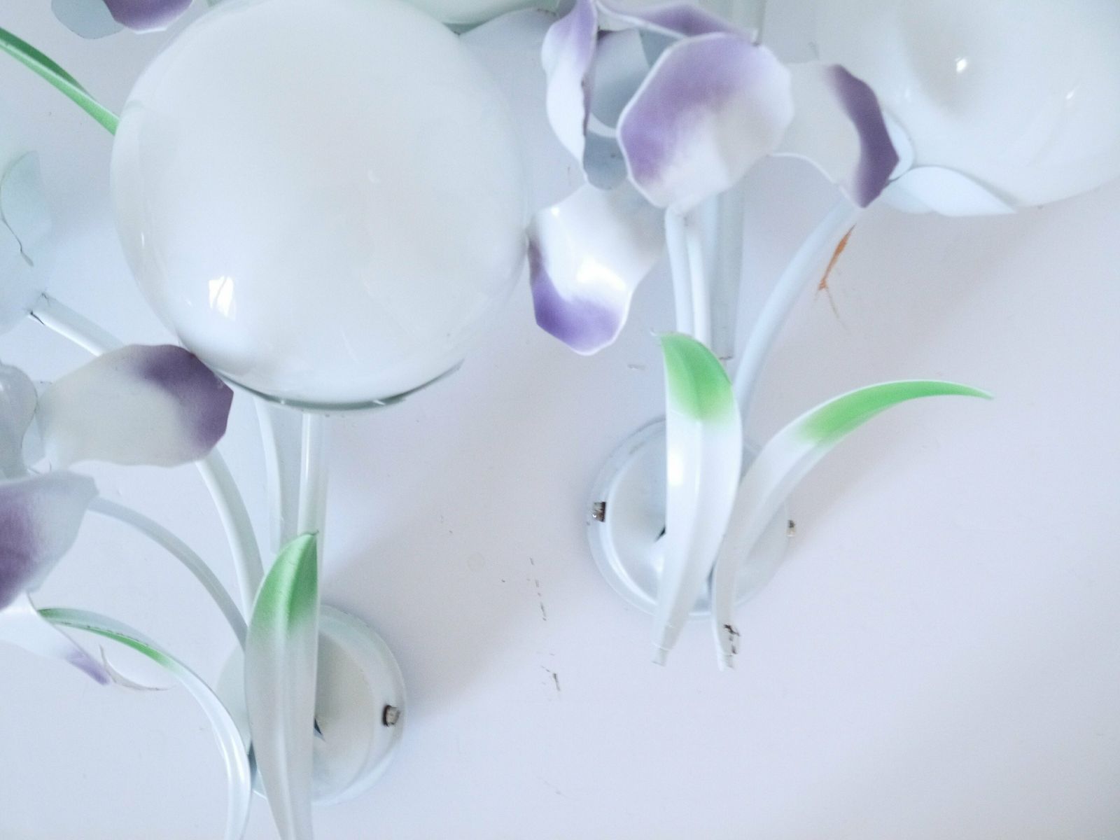French Vintage Tole Floral Wall Sconces Iris Flowers Vintage Shabby Chic Cottage Whimsy Metal photo 311.0