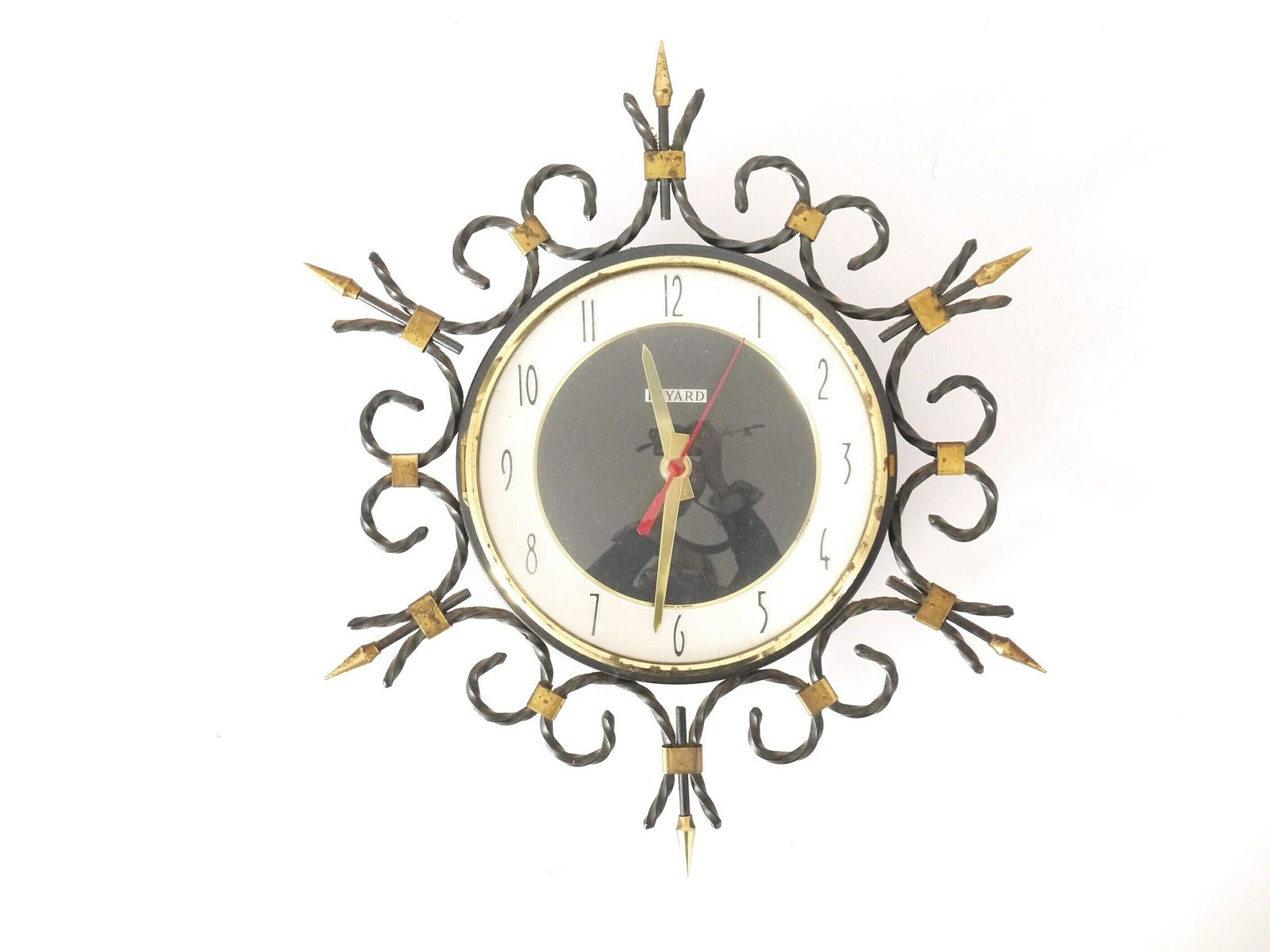 French Vintage Mid Century Modern Wall Metal And Brass Clock