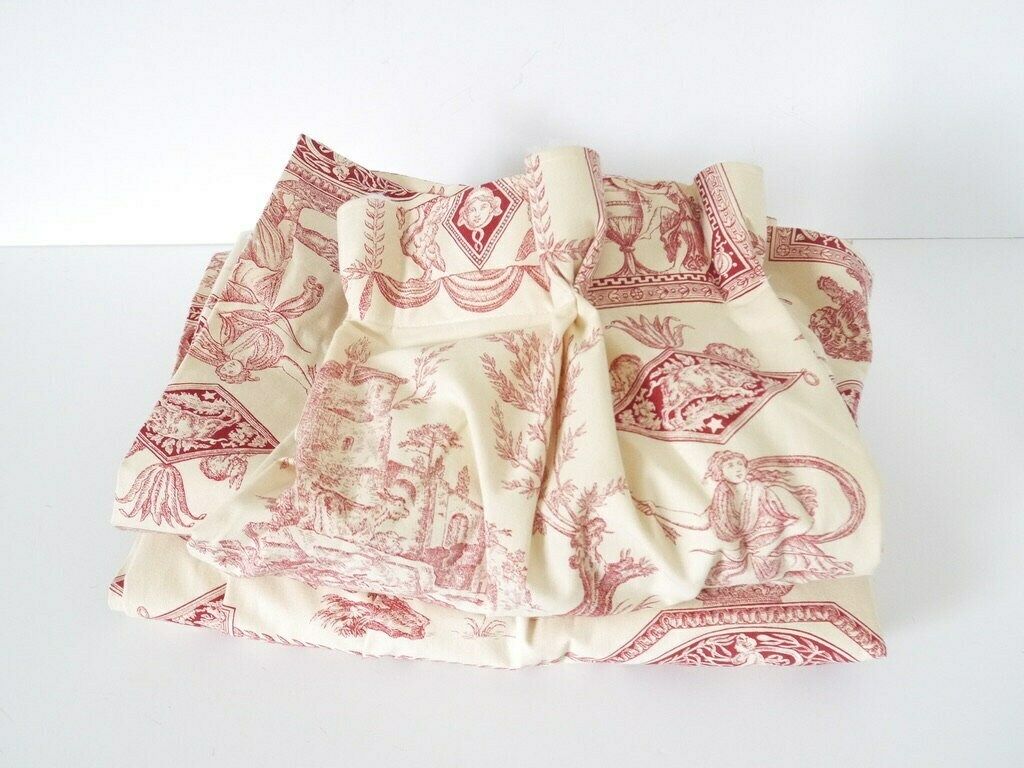 French Antique Drape Curtains Provencal French Toile De Jouy 30x95 Long Panels Window Pair (2) Red Farm Animals