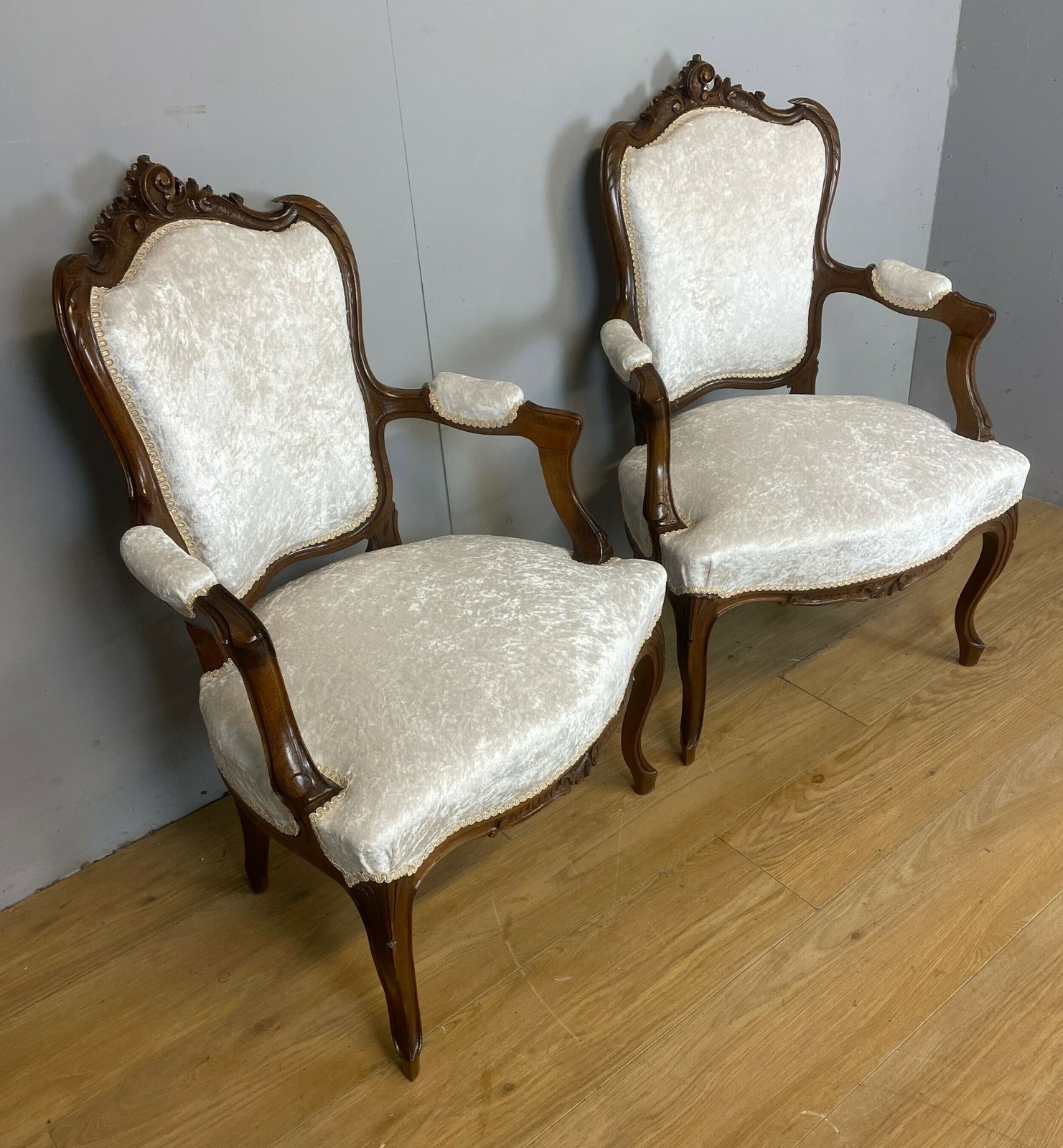 Pair Of French Carved Walnut Open Armchairs C.1910 photo for sale