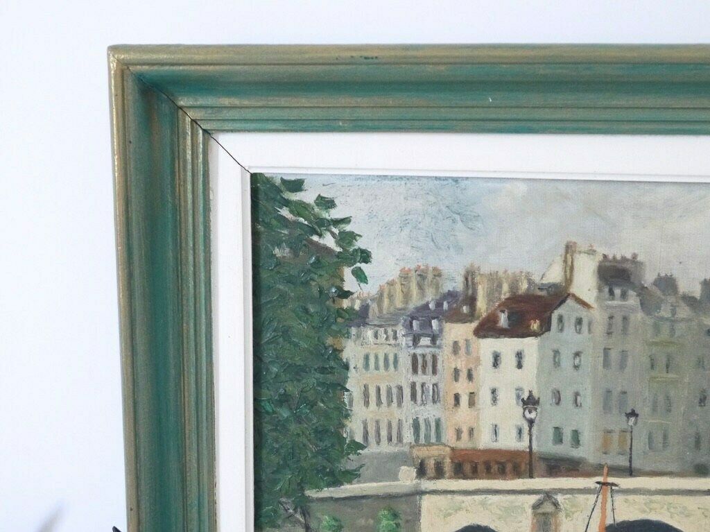 French Vintage Oil Painting Of A Townhouses River Bridge Scene Rustic Primitive photo furniture