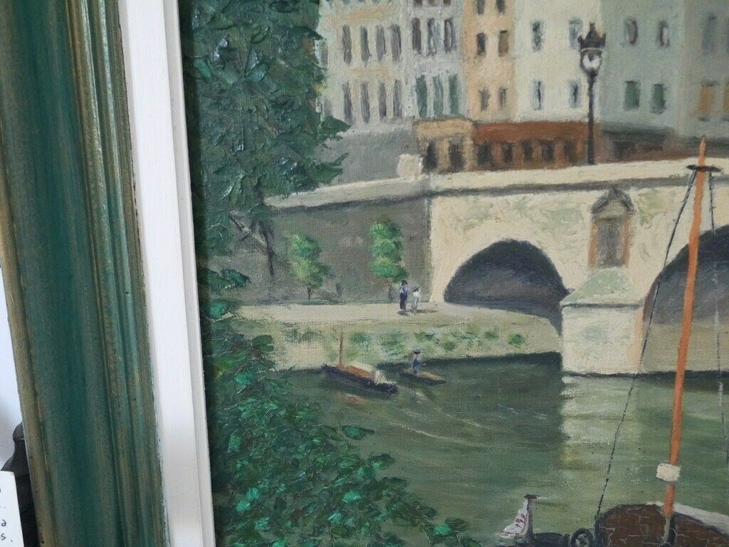 French Vintage Oil Painting Of A Townhouses River Bridge Scene Rustic Primitive photo Art