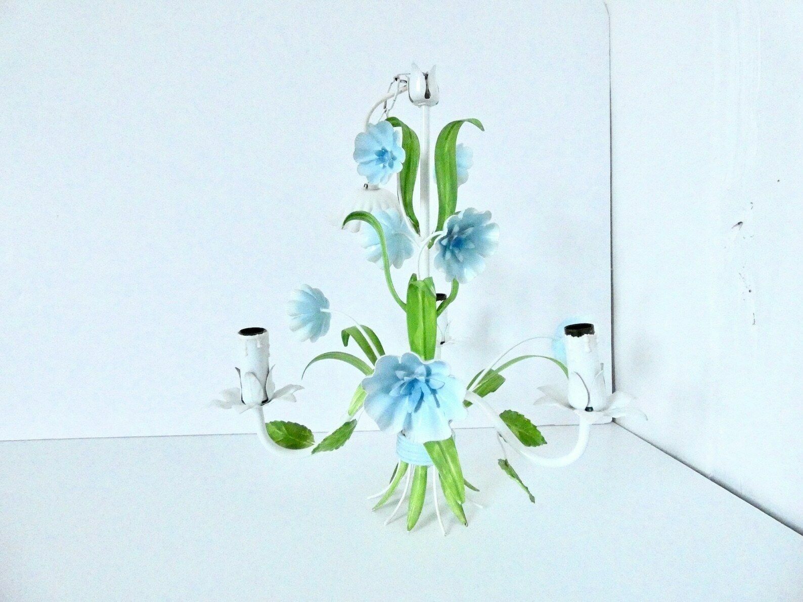 French Vintage Metal Chandelier Blue Morning Glory Floral Tole Chandelier  Light Fixture Pendant
