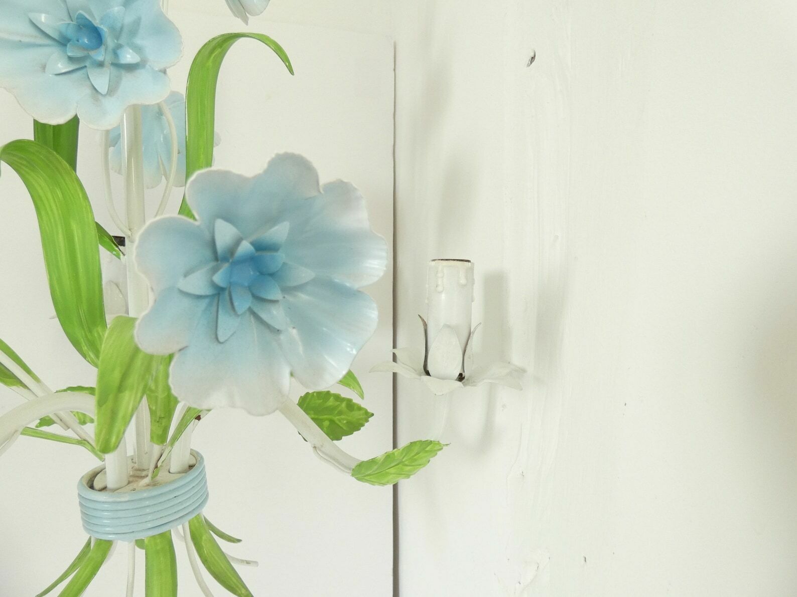 French Vintage Metal Chandelier Blue Morning Glory Floral Tole Chandelier  Light Fixture Pendant photo Lighting