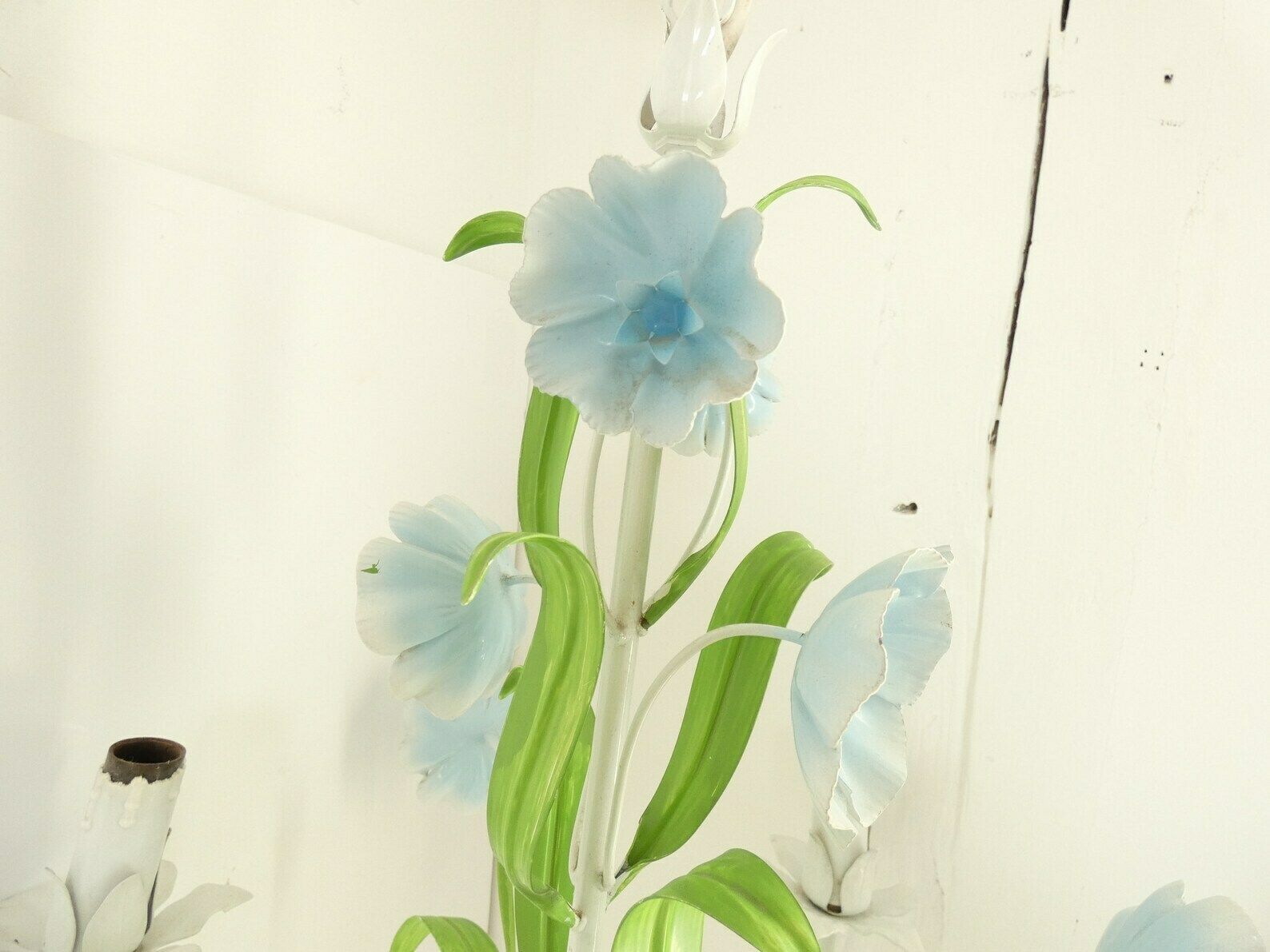 photo for sale French Vintage Metal Chandelier Blue Morning Glory Floral Tole Chandelier  Light Fixture Pendant