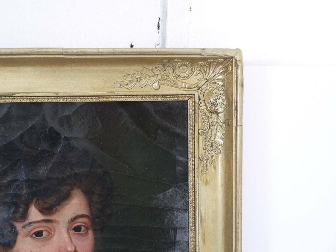 French Oil Portrait Painting 19c Women In Green Velvet Dress photo for sale