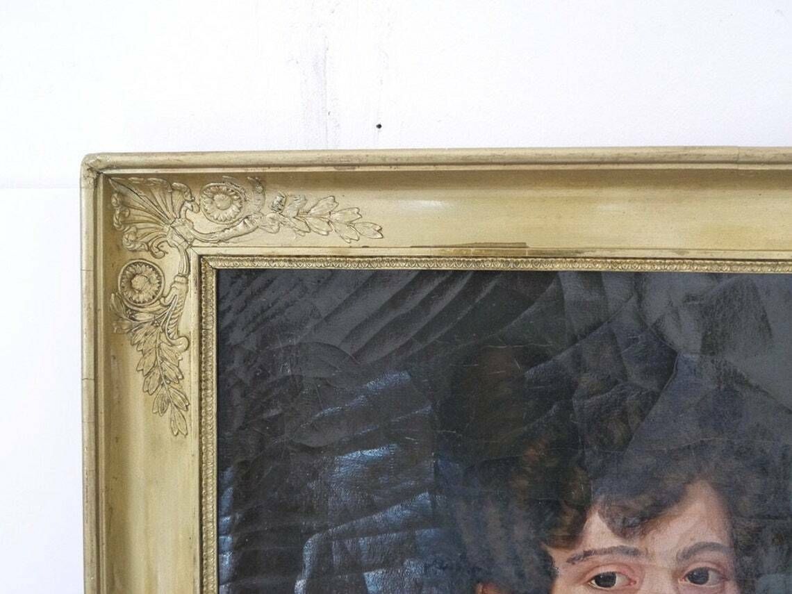 French Oil Portrait Painting 19c Women In Green Velvet Dress photo Art