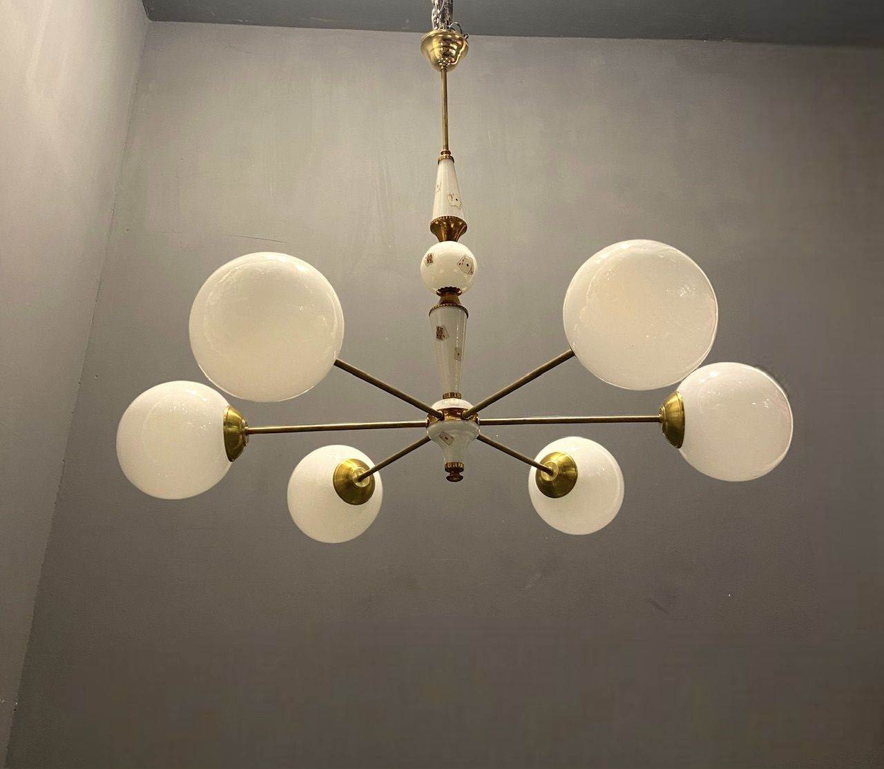 1960’s Sputnik Brass Opaline Glass Chandelier 6 Lights photo furniture