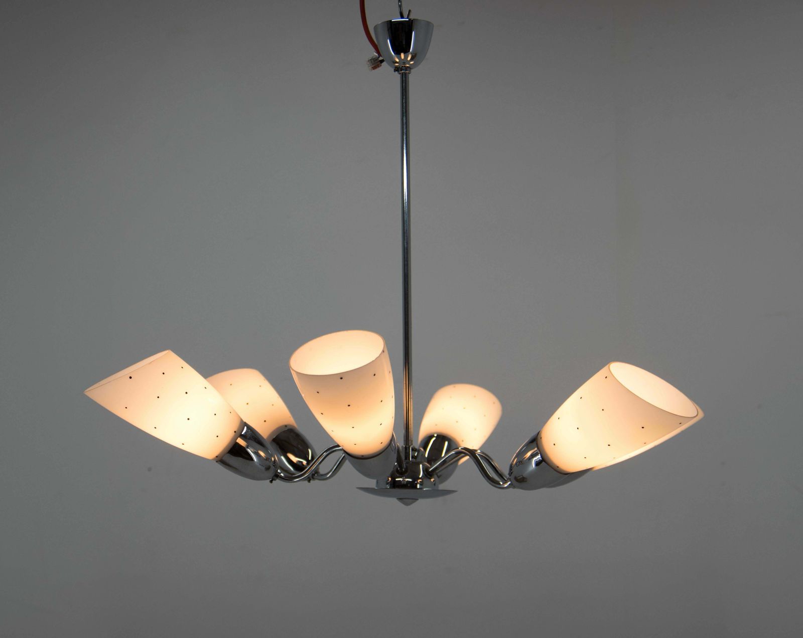 Mid Century Chrome Plated 6 Flamming Chandelier By Instala Decin, 1950s photo furniture